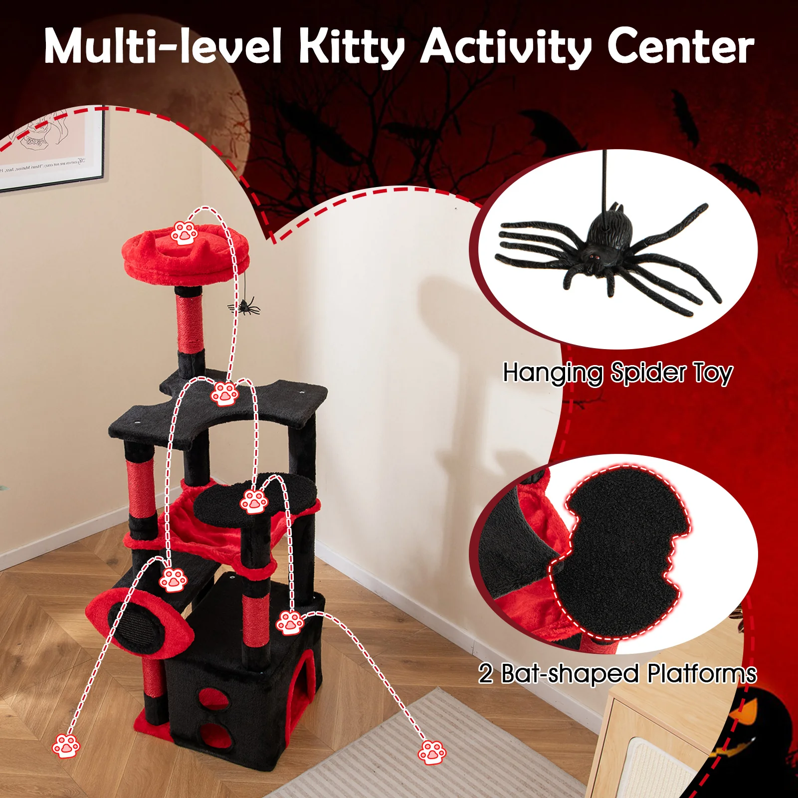 Gothic Cat Tree With Plush Perch, Spider Dangling Toy, Red, Black - Image 9