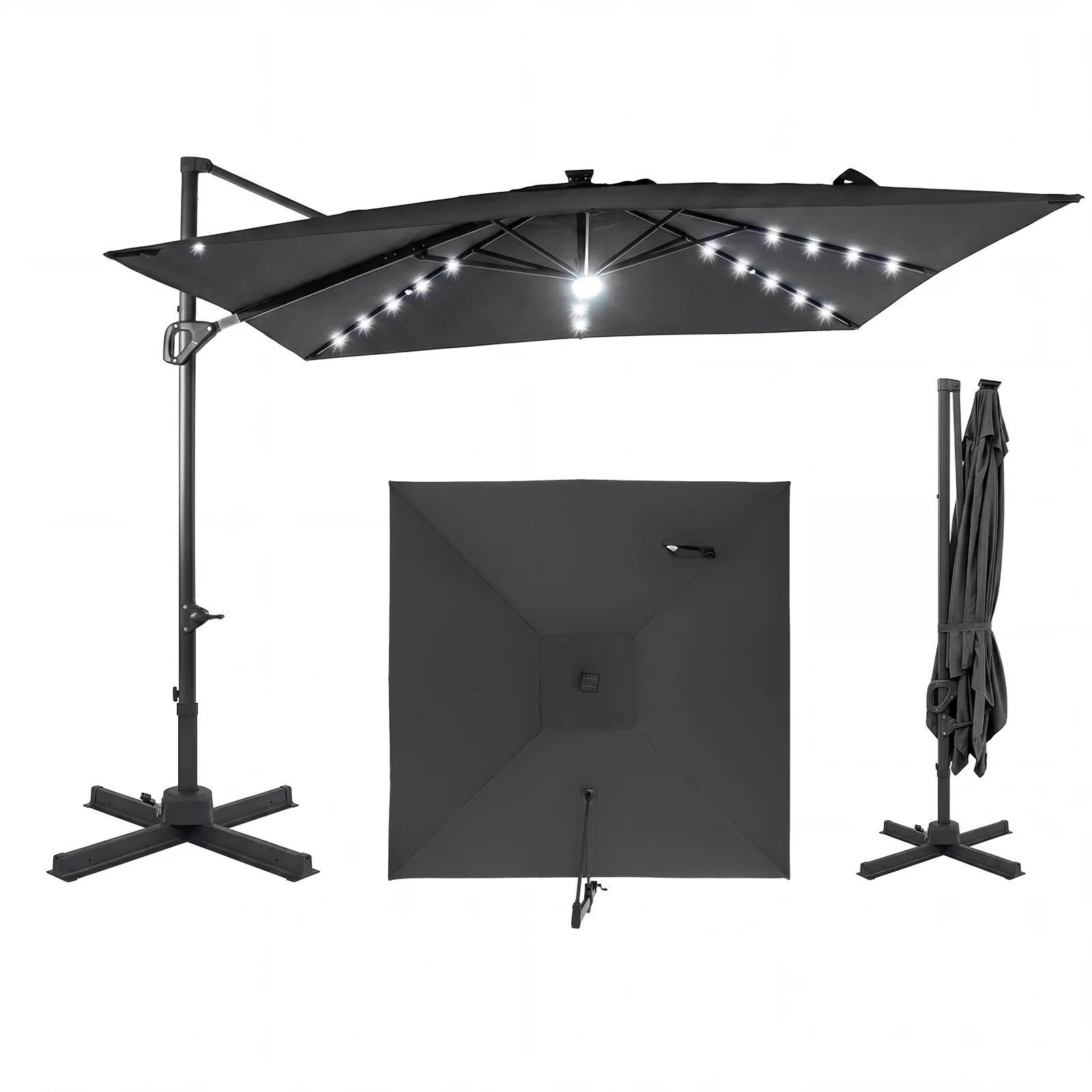 10 FT Cantilever Patio Umbrella With Solar LED Lights, Gray
