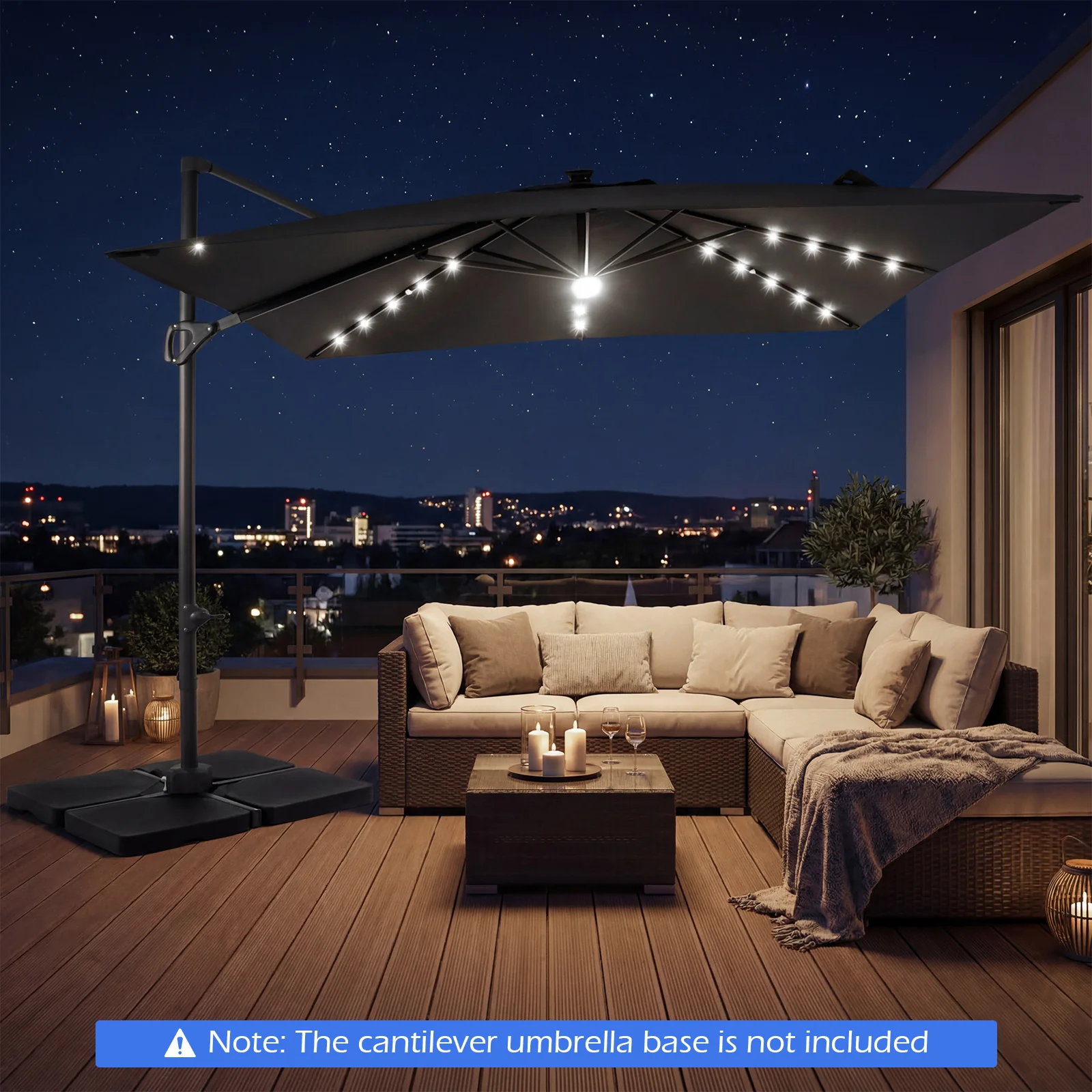 10 FT Cantilever Patio Umbrella With Solar LED Lights, Gray - Image 3