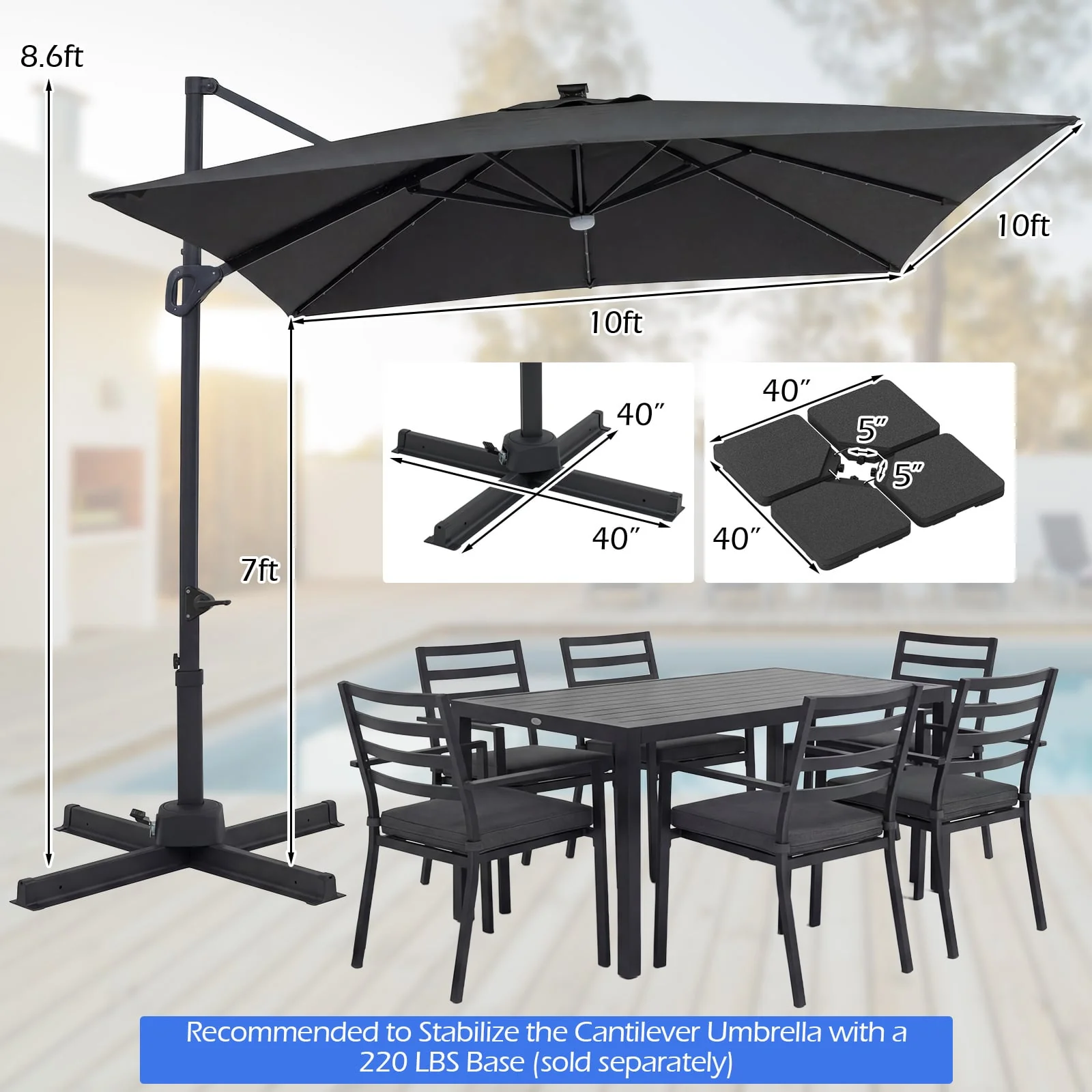 10 FT Cantilever Patio Umbrella With Solar LED Lights, Gray - Image 5