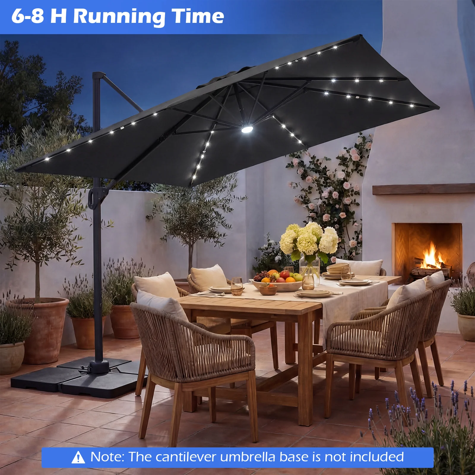 10 FT Cantilever Patio Umbrella With Solar LED Lights, Gray - Image 6