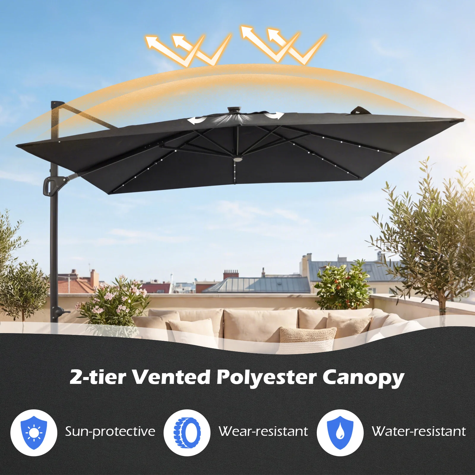10 FT Cantilever Patio Umbrella With Solar LED Lights, Gray - Image 7