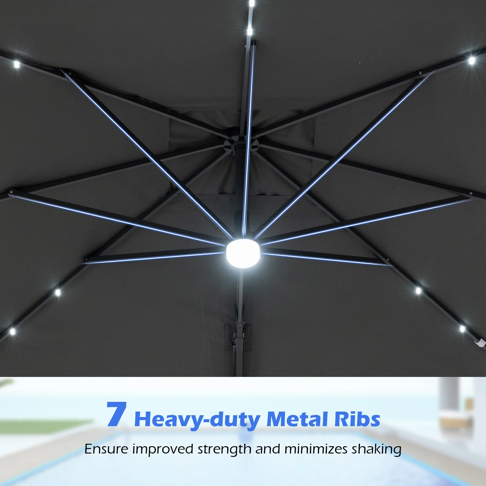 10 FT Cantilever Patio Umbrella With Solar LED Lights, Gray - Image 8