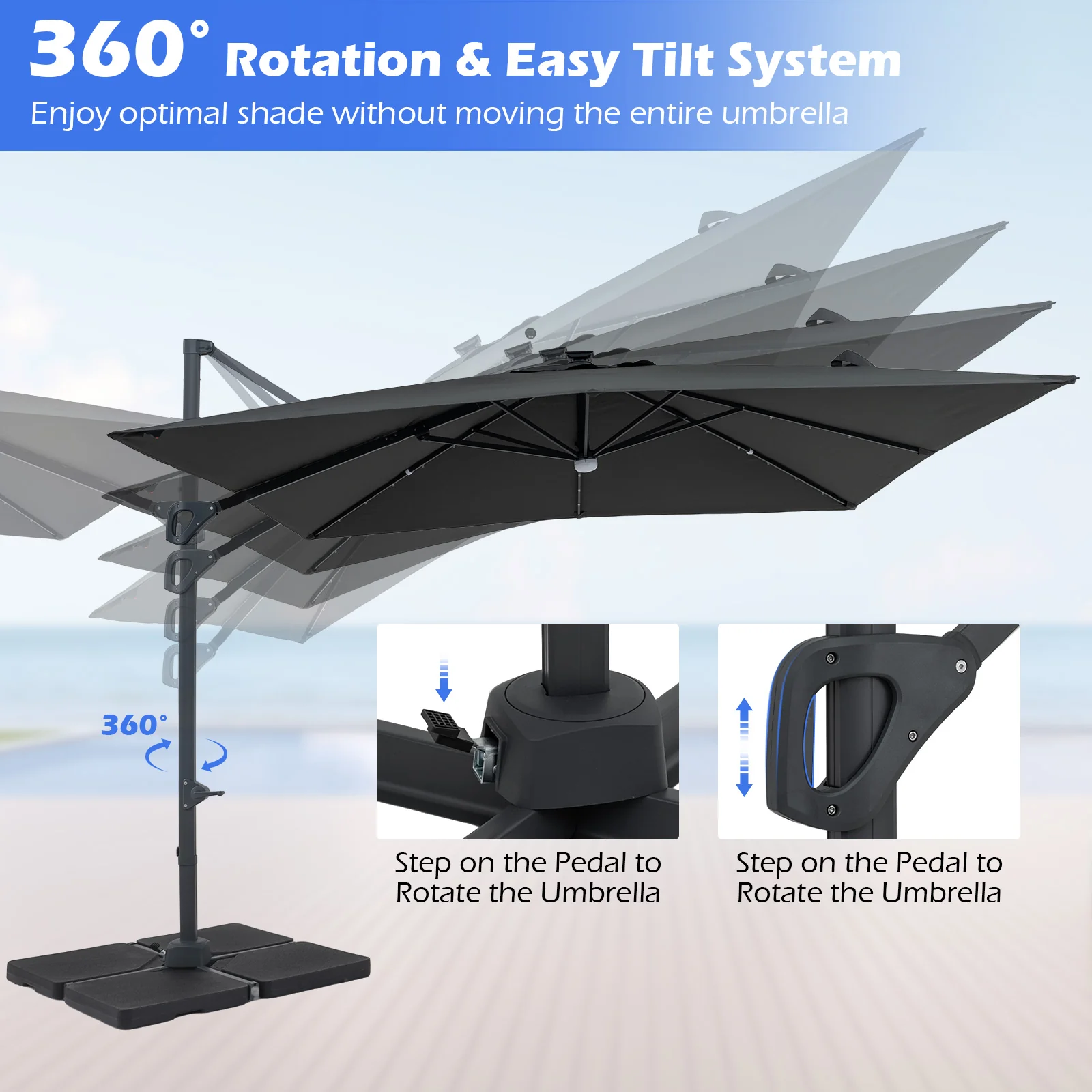 10 FT Cantilever Patio Umbrella With Solar LED Lights, Gray - Image 9