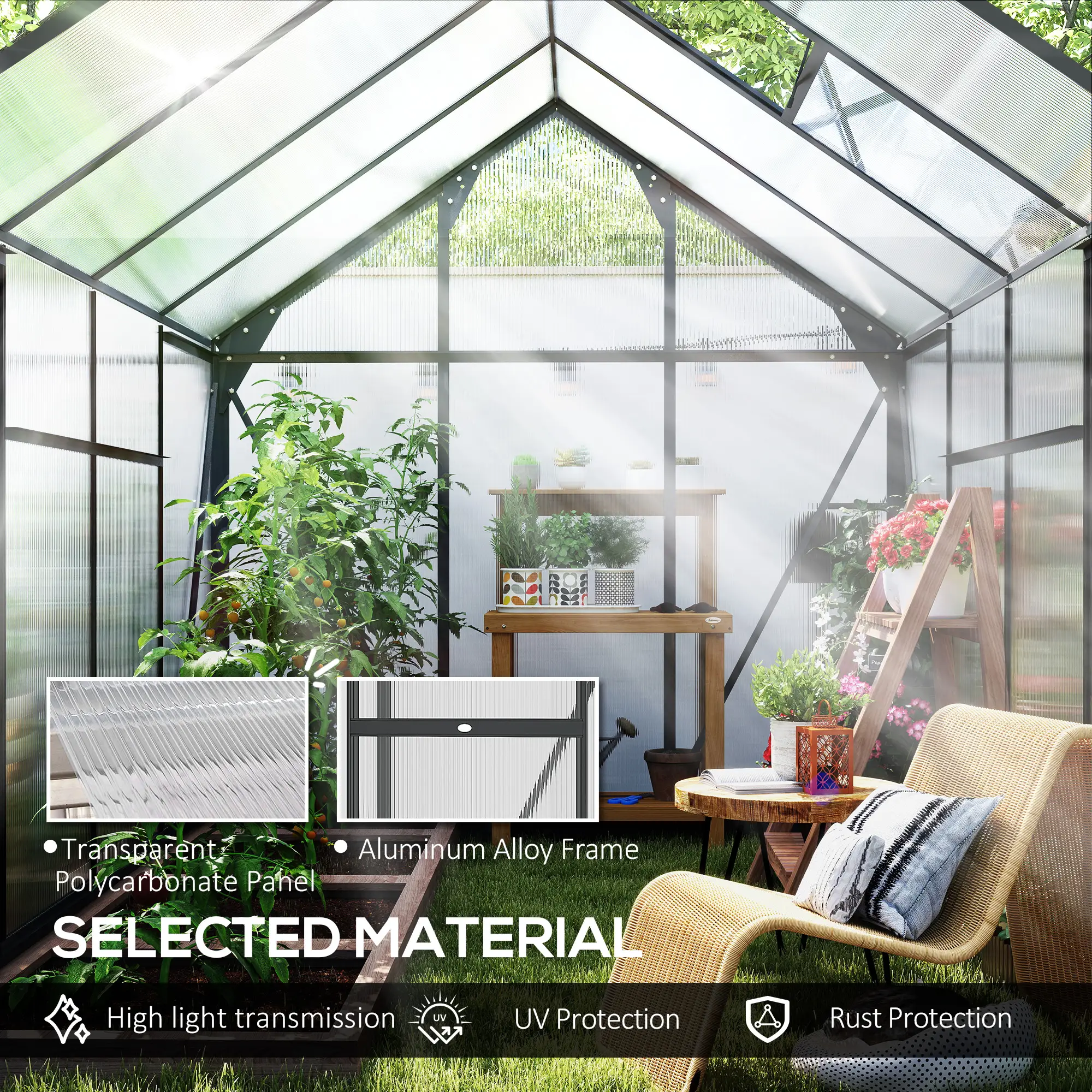 Greenhouse Garden, Outdoor Kit, PC Board Sliding Door, 6.2' x 8.3' x 6.6', Grey - Image 5
