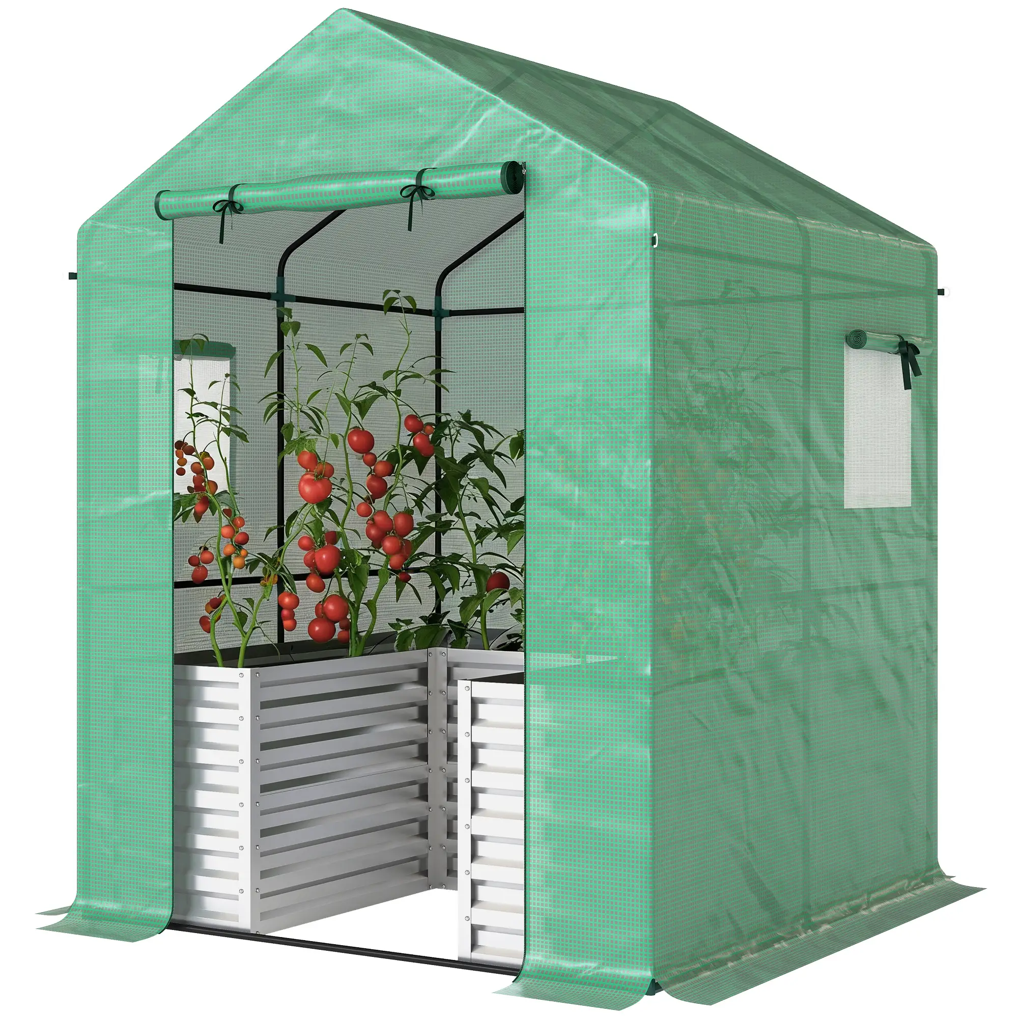 Greenhouse With Raised Garden Bed, Galvanized Metal Planter Box, 56" x 56" x 75", Green