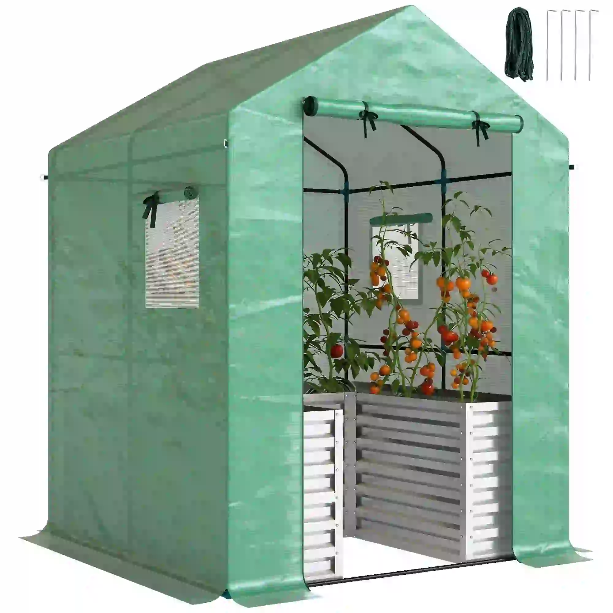 Greenhouse With Raised Garden Bed, Galvanized Metal Planter Box, 56" x 56" x 75", Green - Image 11