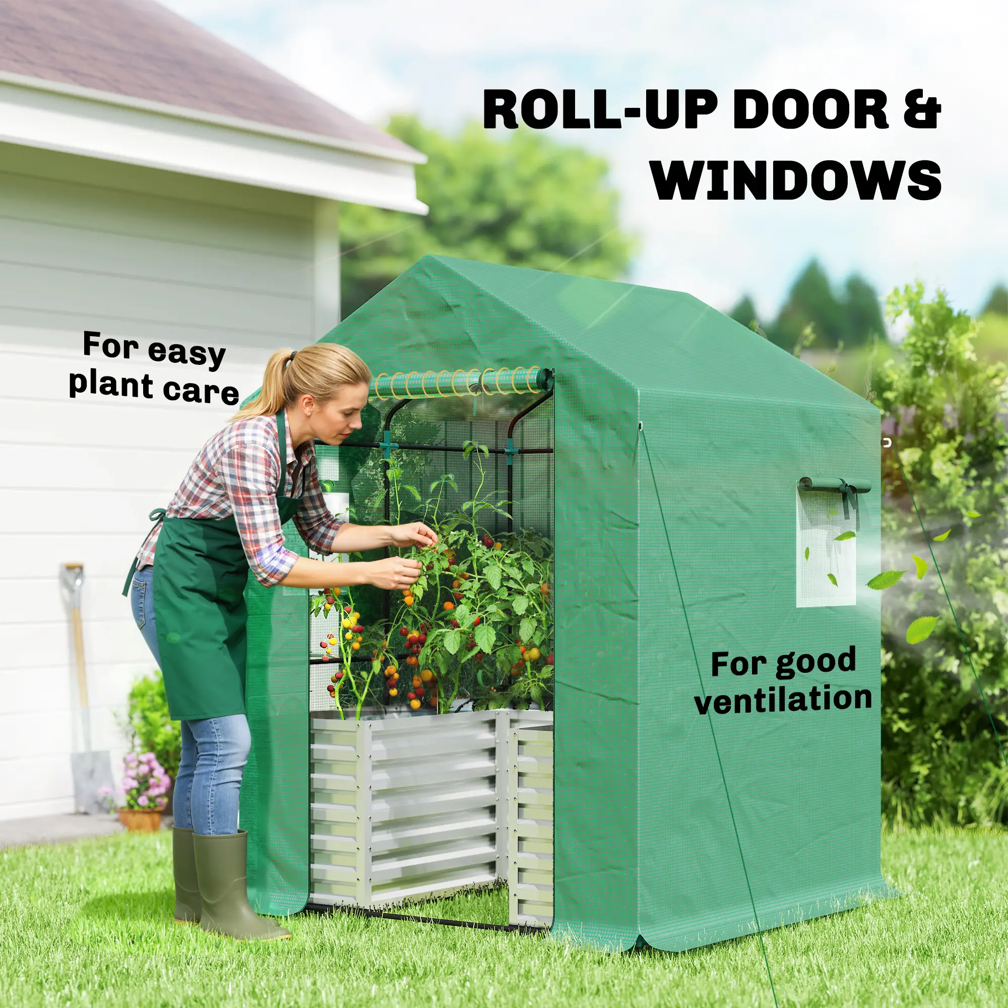 Greenhouse With Raised Garden Bed, Galvanized Metal Planter Box, 56" x 56" x 75", Green - Image 7