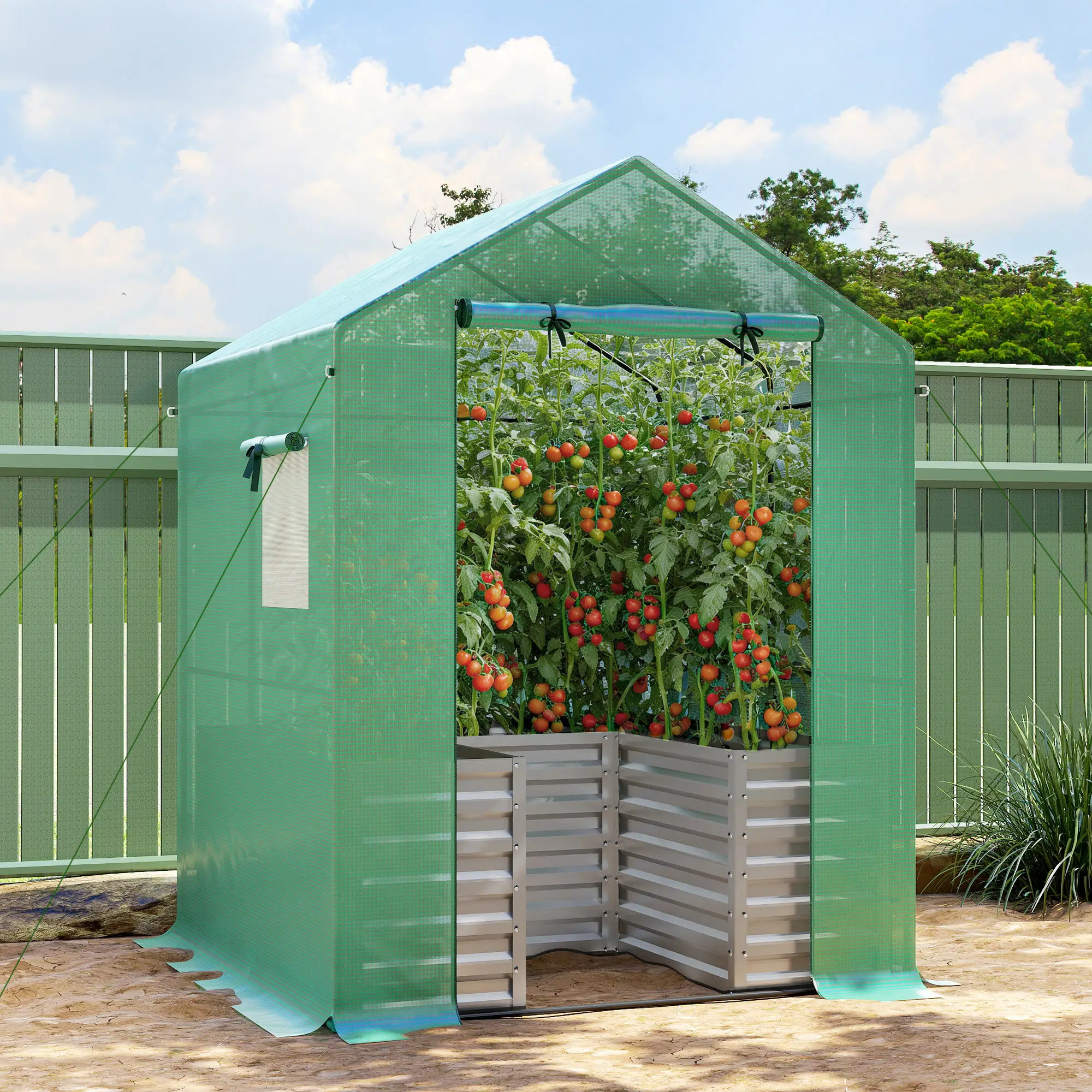 Greenhouse With Raised Garden Bed, Galvanized Metal Planter Box, 56" x 56" x 75", Green - Image 8