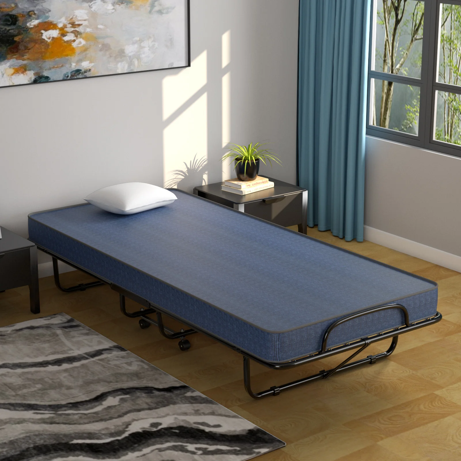 Guest Bed With Steel Frame, Memory Foam Mattress, Navy - Image 2