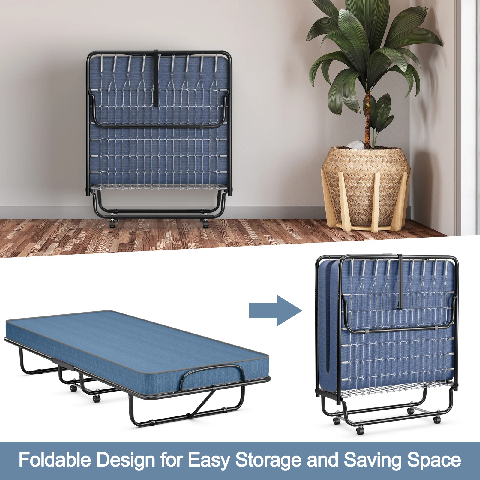 Guest Bed With Steel Frame, Memory Foam Mattress, Navy - Image 3