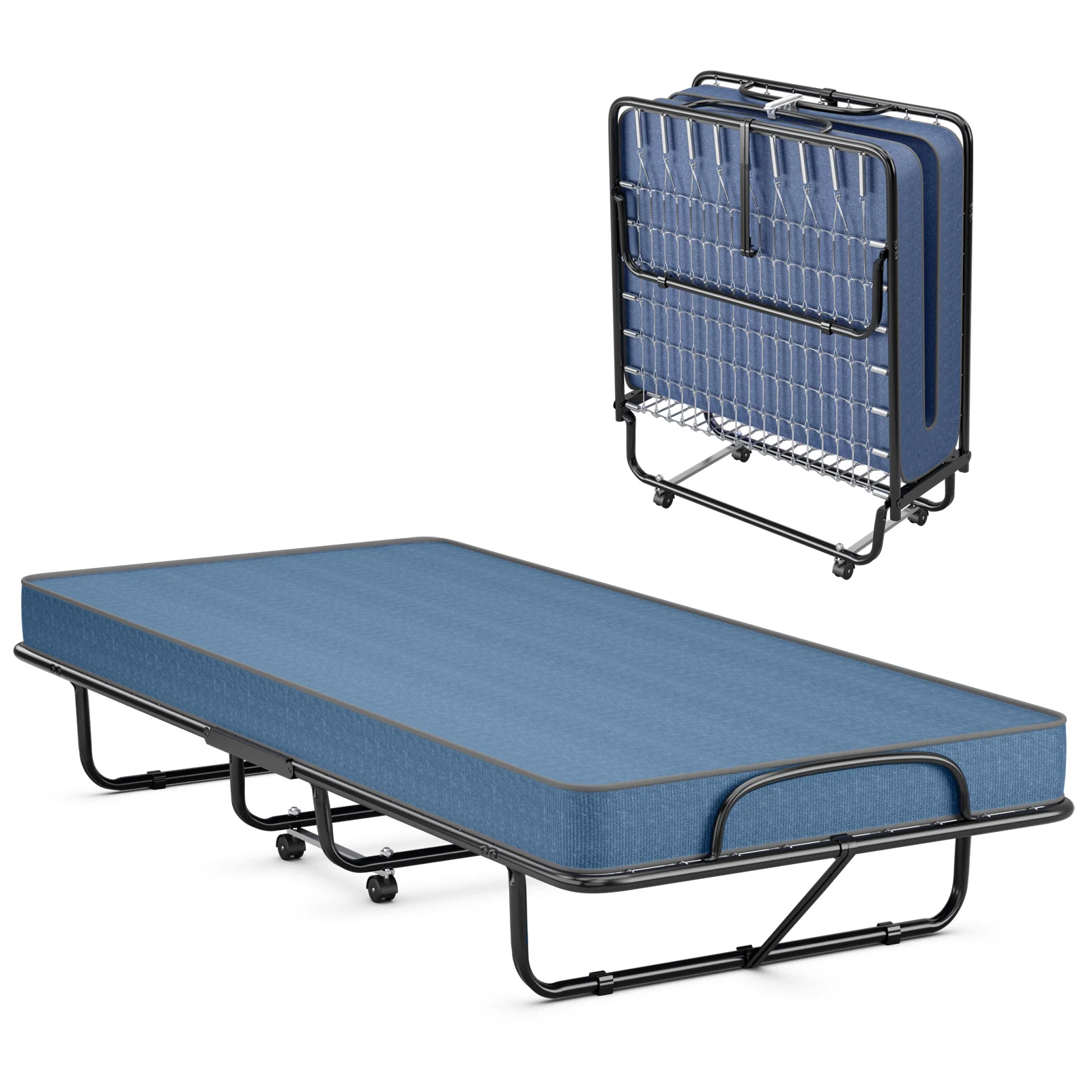 Guest Bed With Steel Frame, Memory Foam Mattress, Navy - Image 9