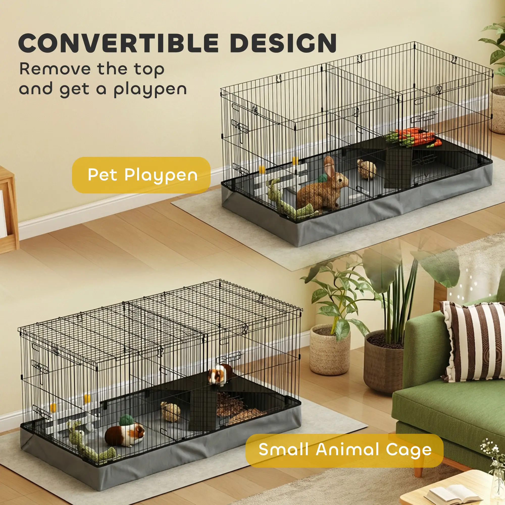 Guinea Pig Cage, Removable Top, 2 Areas, Waterproof Liner, Ramp, Perch - Image 4