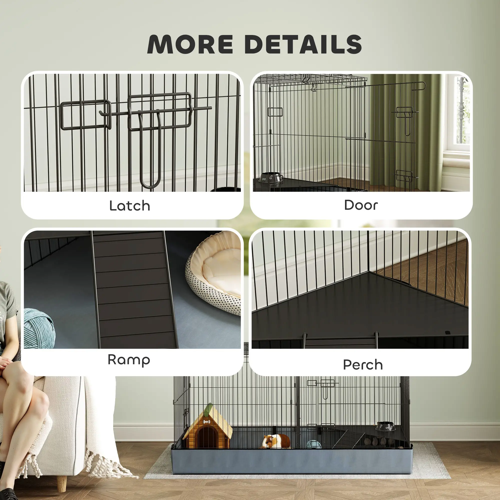 Guinea Pig Cage, Removable Top, 2 Areas, Waterproof Liner, Ramp, Perch - Image 7