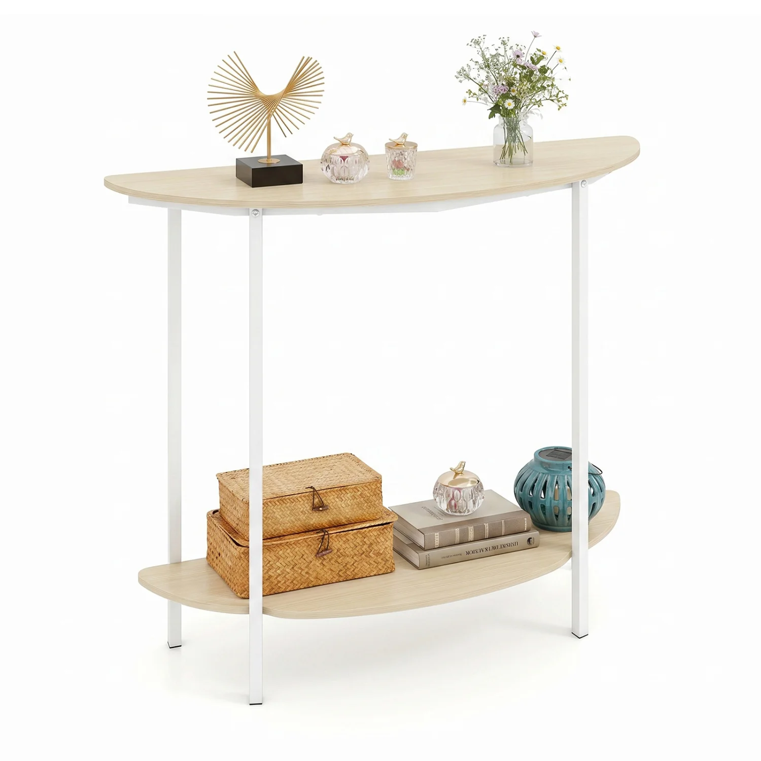 Half Moon Console Table 40 inch, 2-Tier, Oak