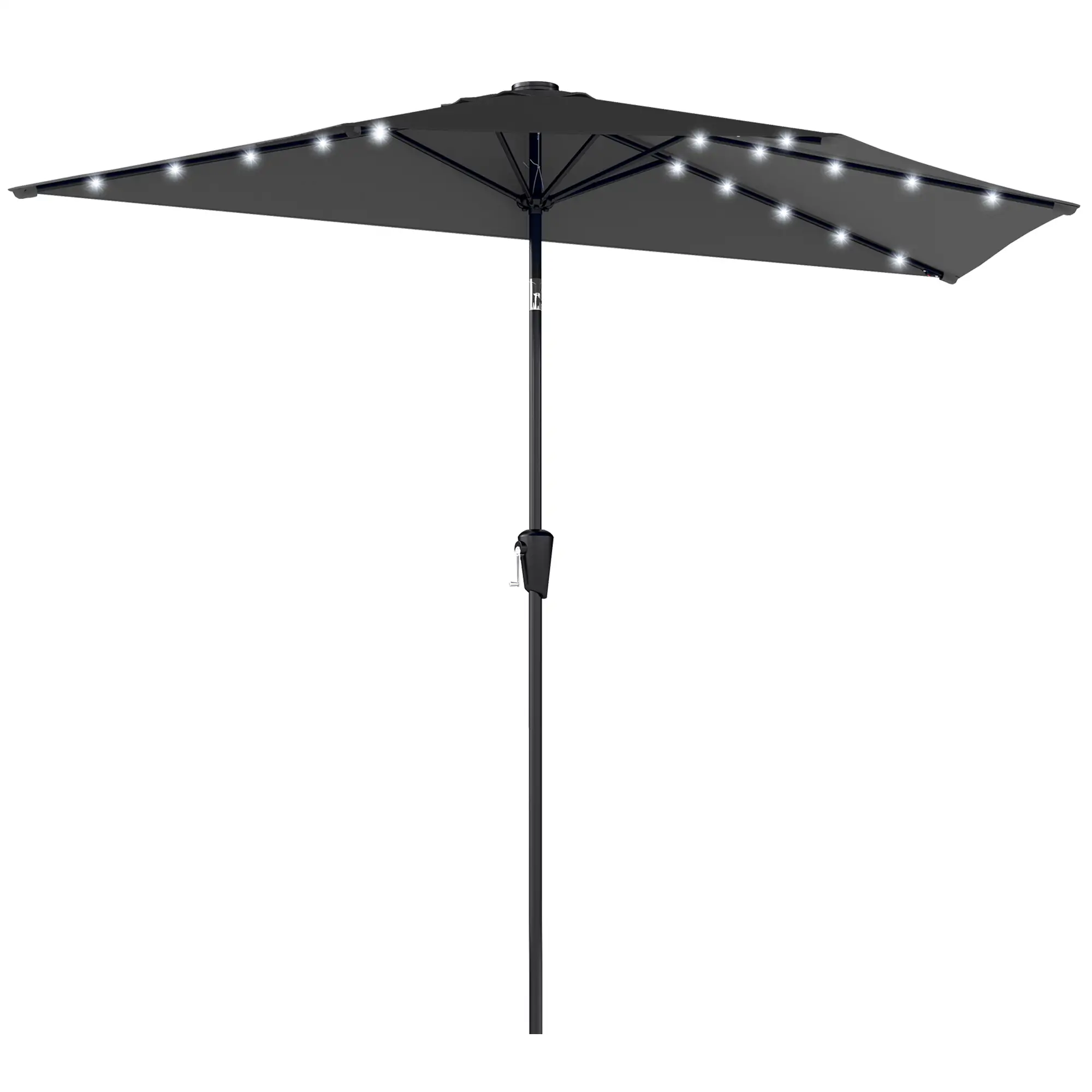 Half Outdoor Patio Umbrella, Solar LED Lights, Crank, 105.1" x 53.5", Black