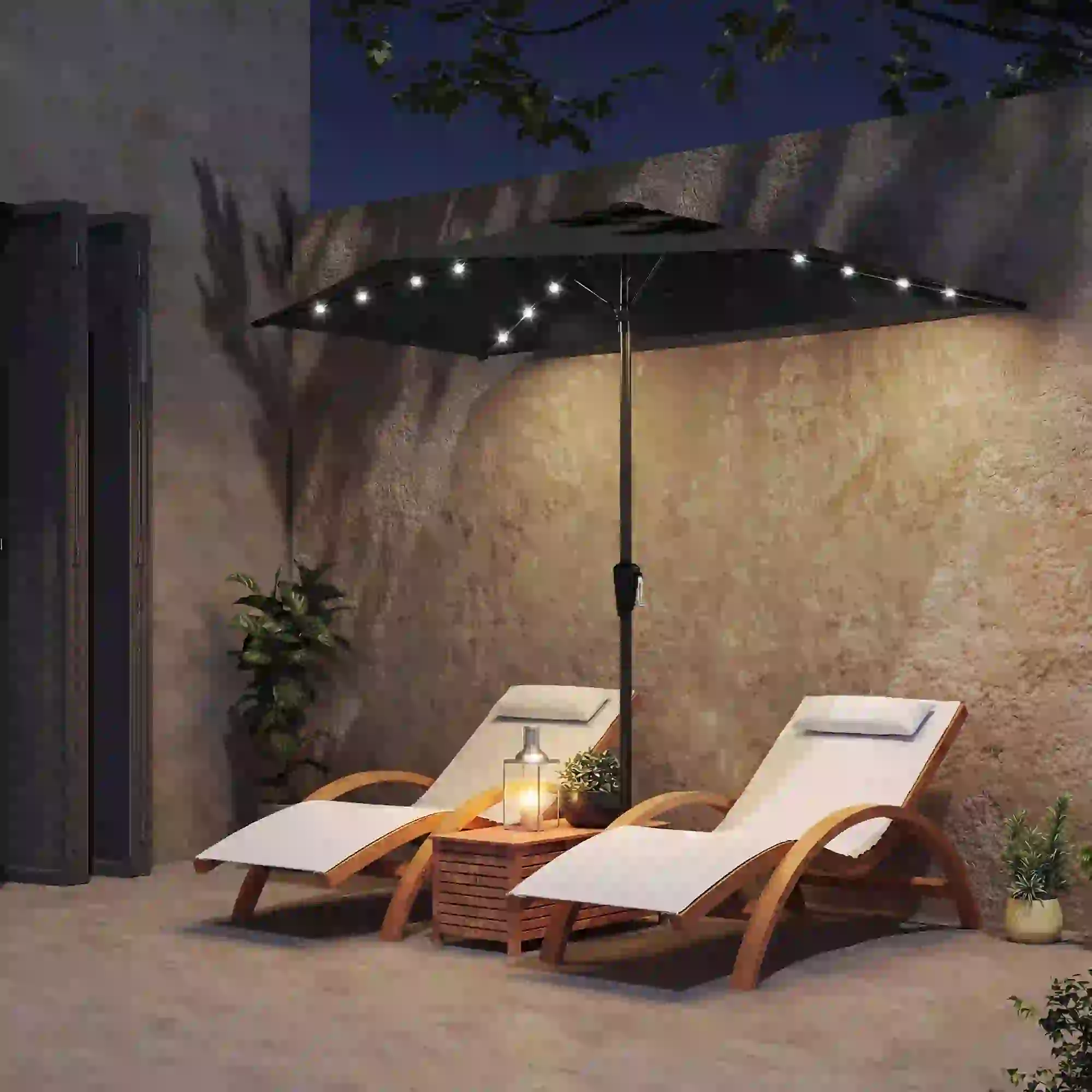 Half Outdoor Patio Umbrella, Solar LED Lights, Crank, 105.1" x 53.5", Black - Image 2