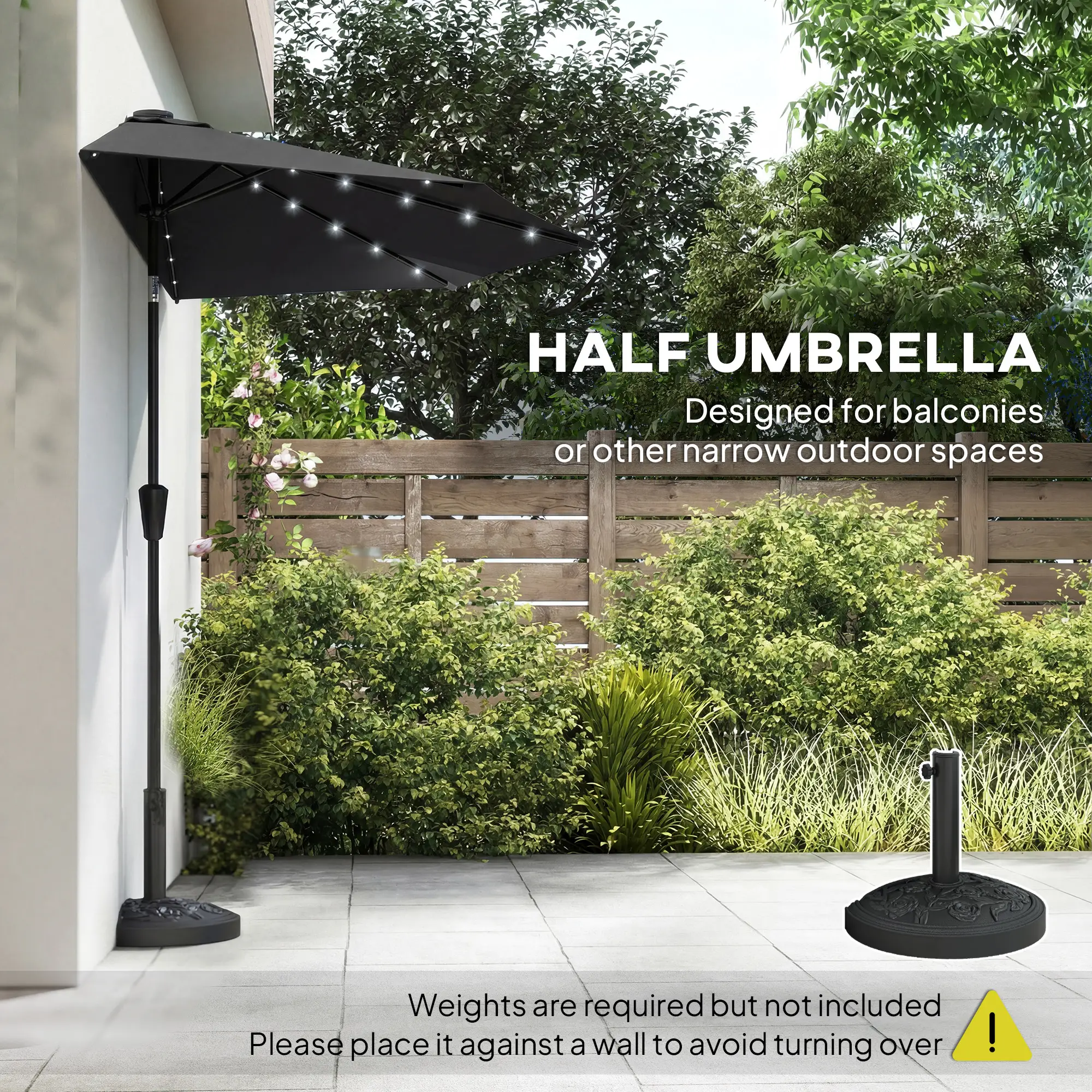 Half Outdoor Patio Umbrella, Solar LED Lights, Crank, 105.1" x 53.5", Black - Image 4