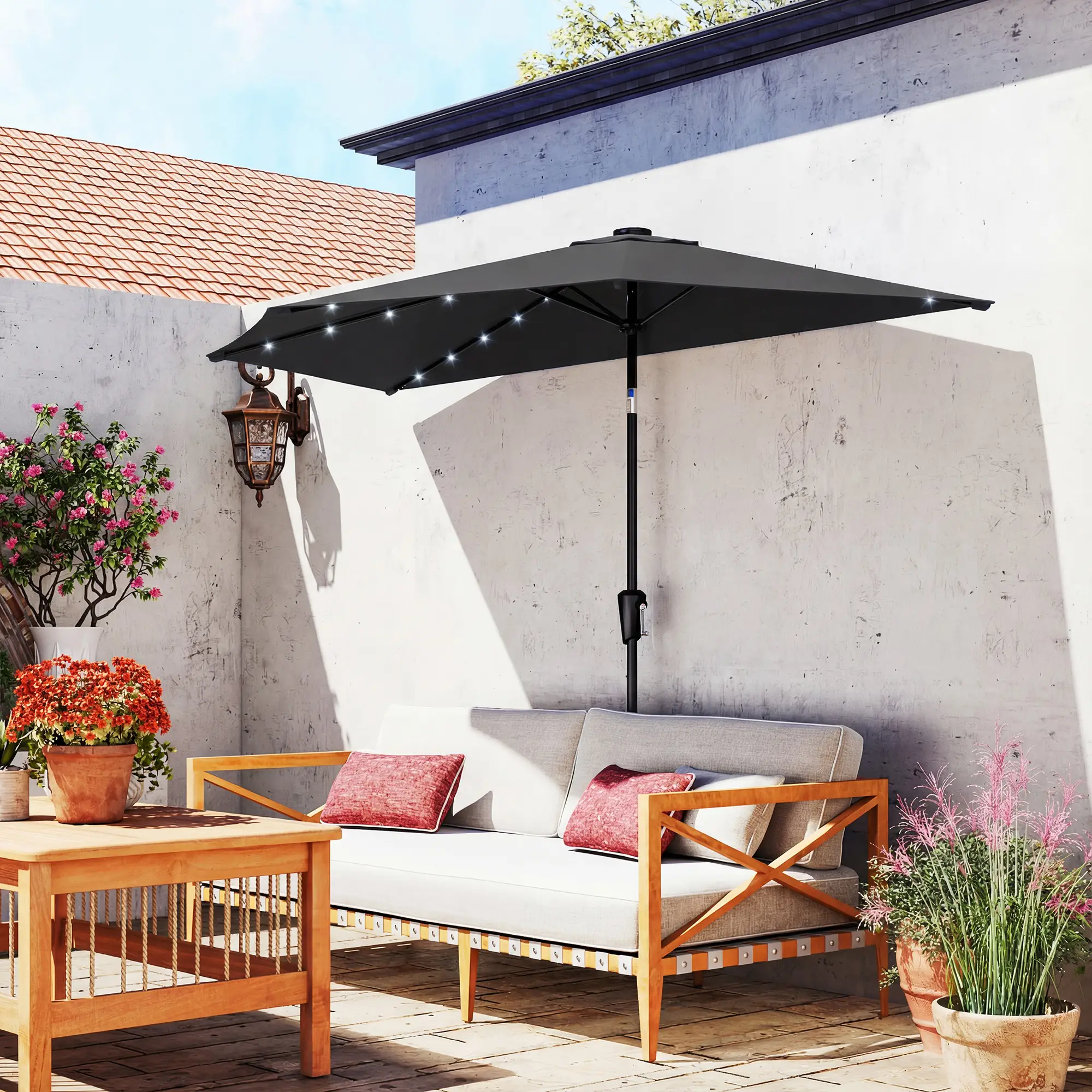 Half Outdoor Patio Umbrella, Solar LED Lights, Crank, 105.1" x 53.5", Black - Image 9