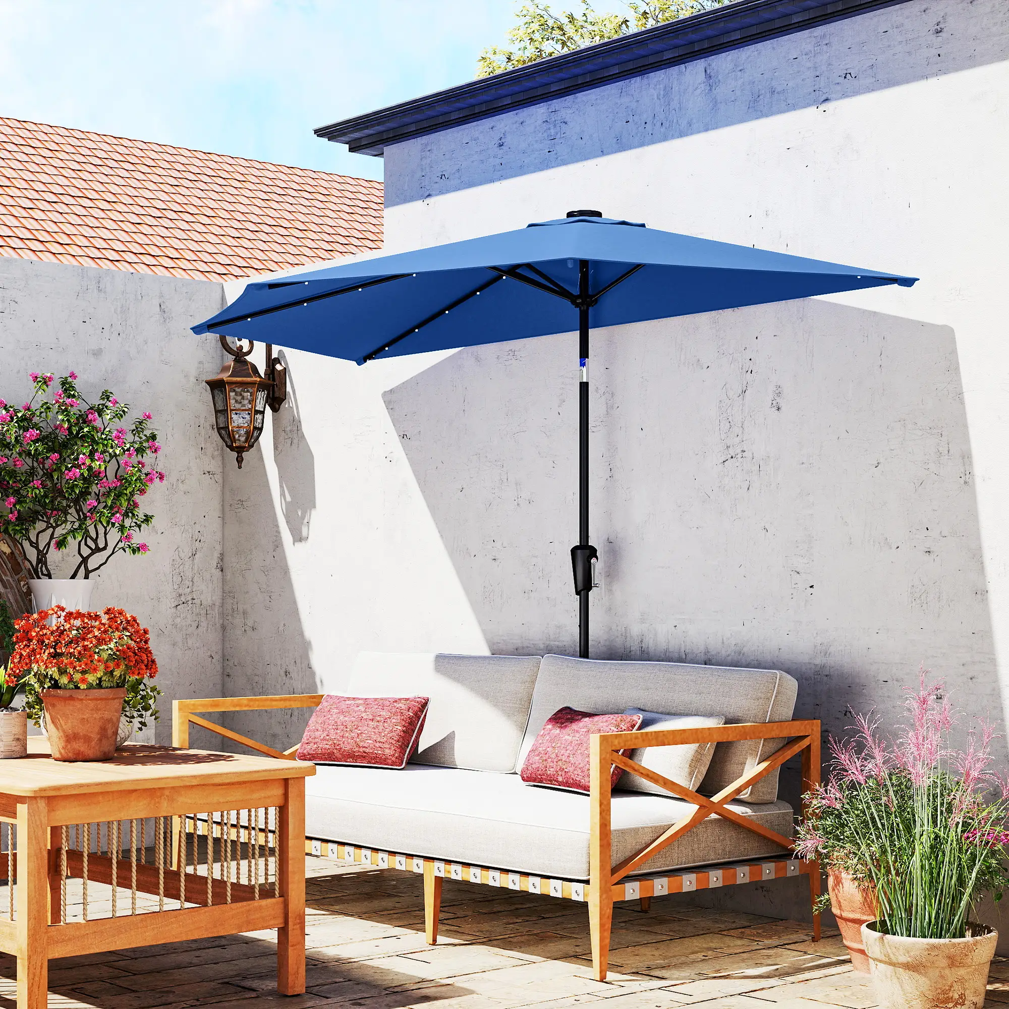 Half Patio Umbrella With Solar LED Lights, Crank, 105.1" x 53.5", Navy Blue - Image 10