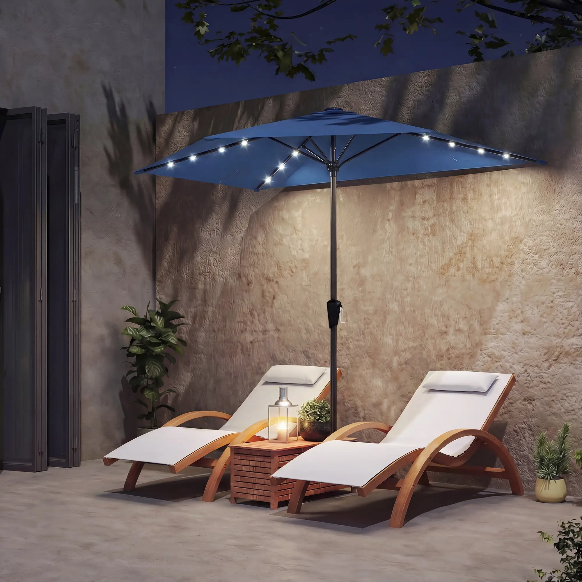 Half Patio Umbrella With Solar LED Lights, Crank, 105.1" x 53.5", Navy Blue - Image 2