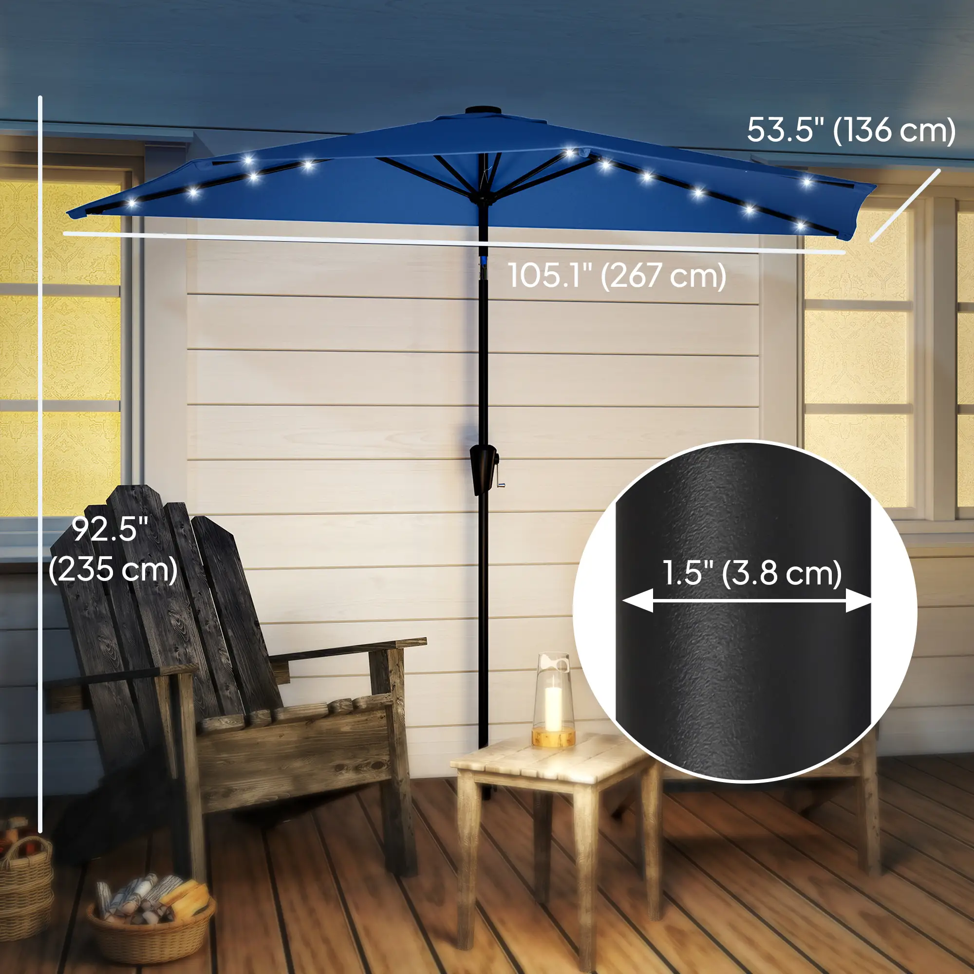Half Patio Umbrella With Solar LED Lights, Crank, 105.1" x 53.5", Navy Blue - Image 3