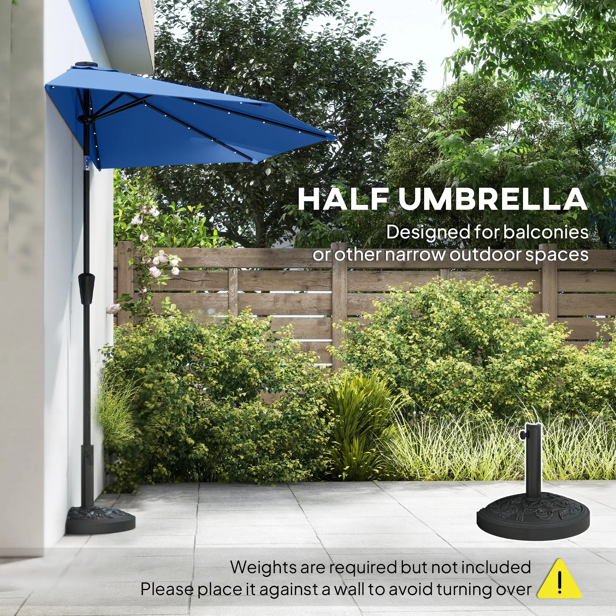 Half Patio Umbrella With Solar LED Lights, Crank, 105.1" x 53.5", Navy Blue - Image 4