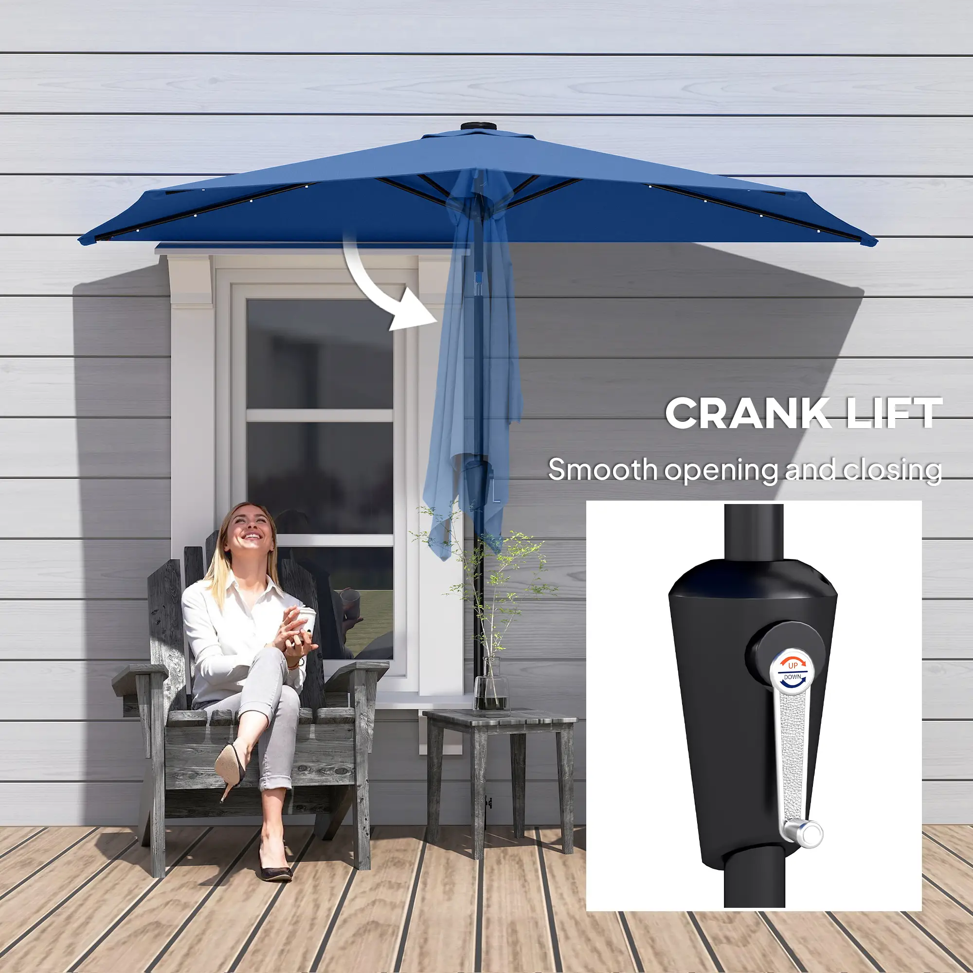 Half Patio Umbrella With Solar LED Lights, Crank, 105.1" x 53.5", Navy Blue - Image 9