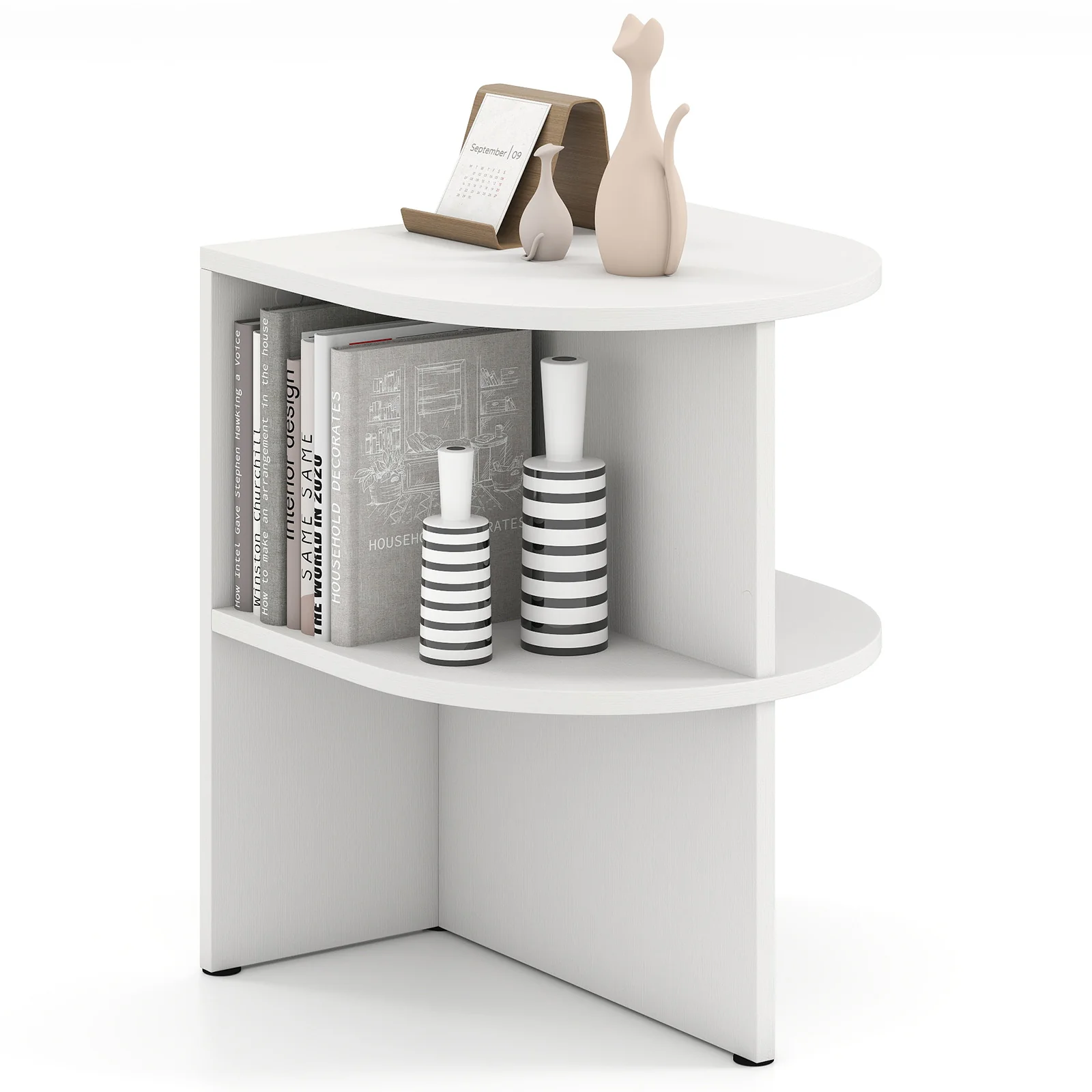 Half Round End Table with Open Shelves for Small Space, White