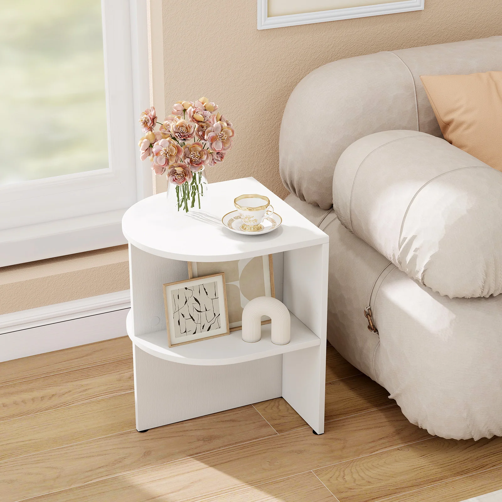 Half Round End Table with Open Shelves for Small Space, White - Image 2