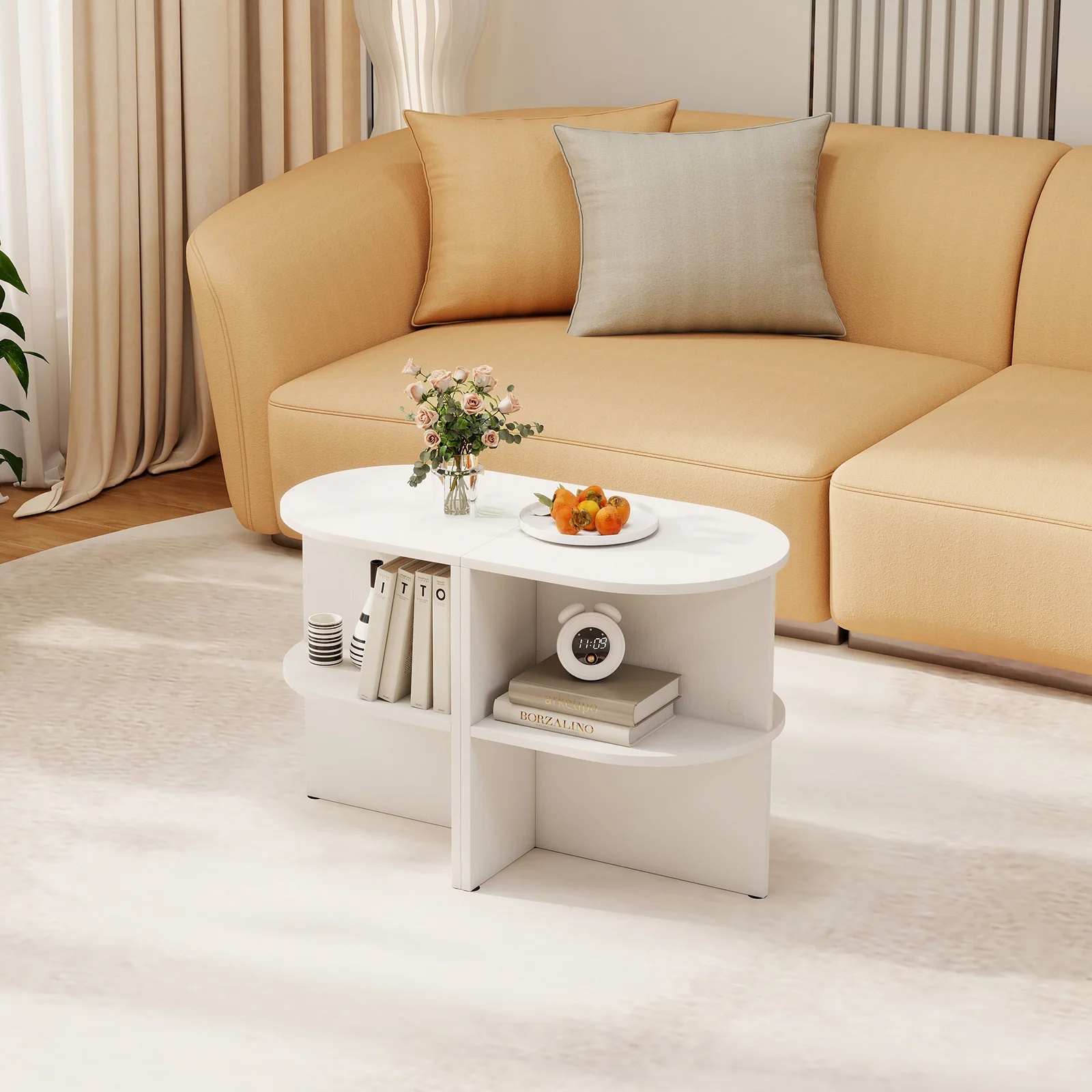 Half Round End Table with Open Shelves for Small Space, White - Image 3