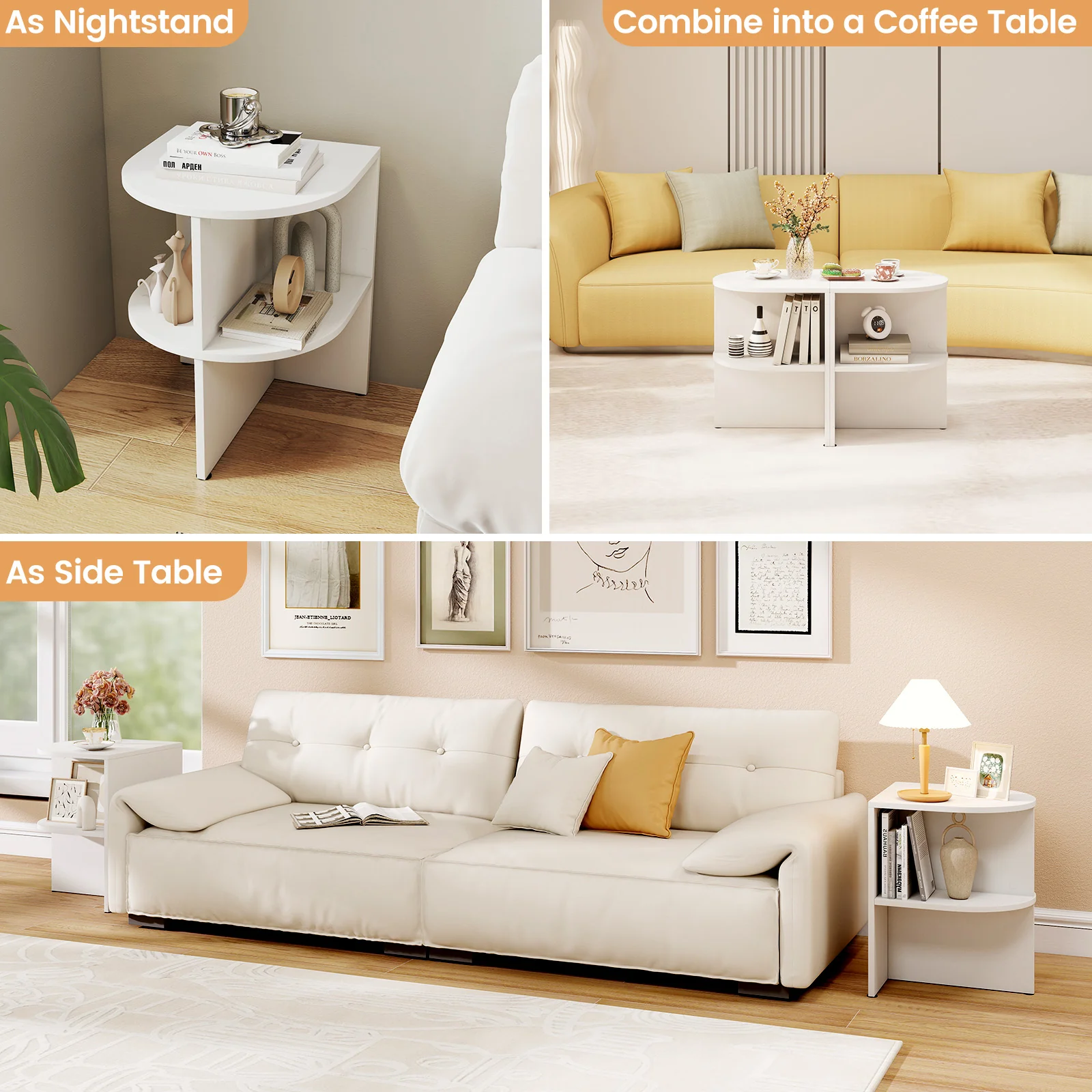 Half Round End Table with Open Shelves for Small Space, White - Image 7