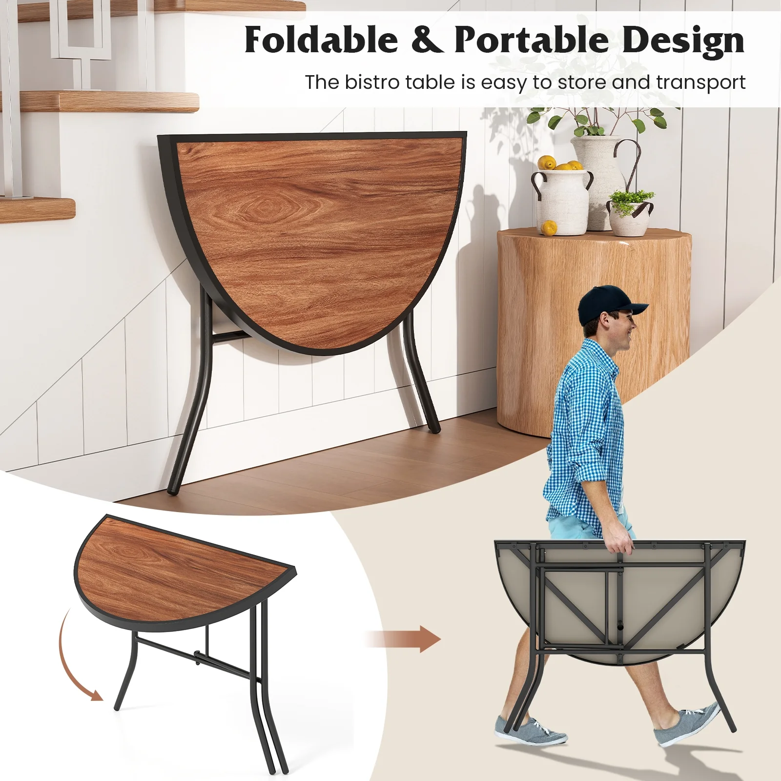 Half Round Folding Event Table, Metal Frame, Brown - Image 10