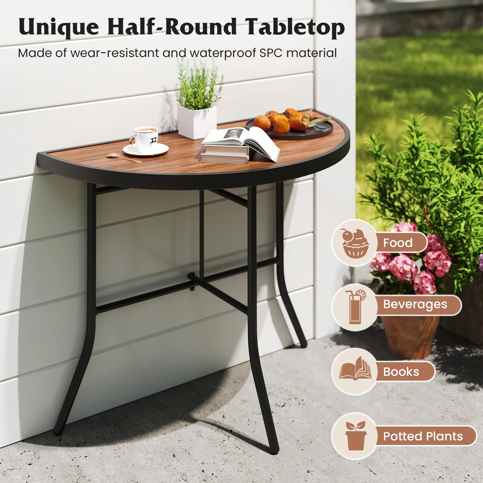 Half Round Folding Event Table, Metal Frame, Brown - Image 9