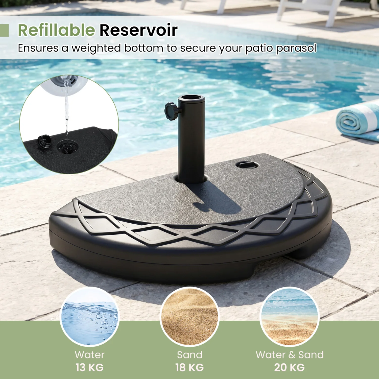 Half Round Patio Umbrella Base, 44 Lbs, Fillable - Image 8