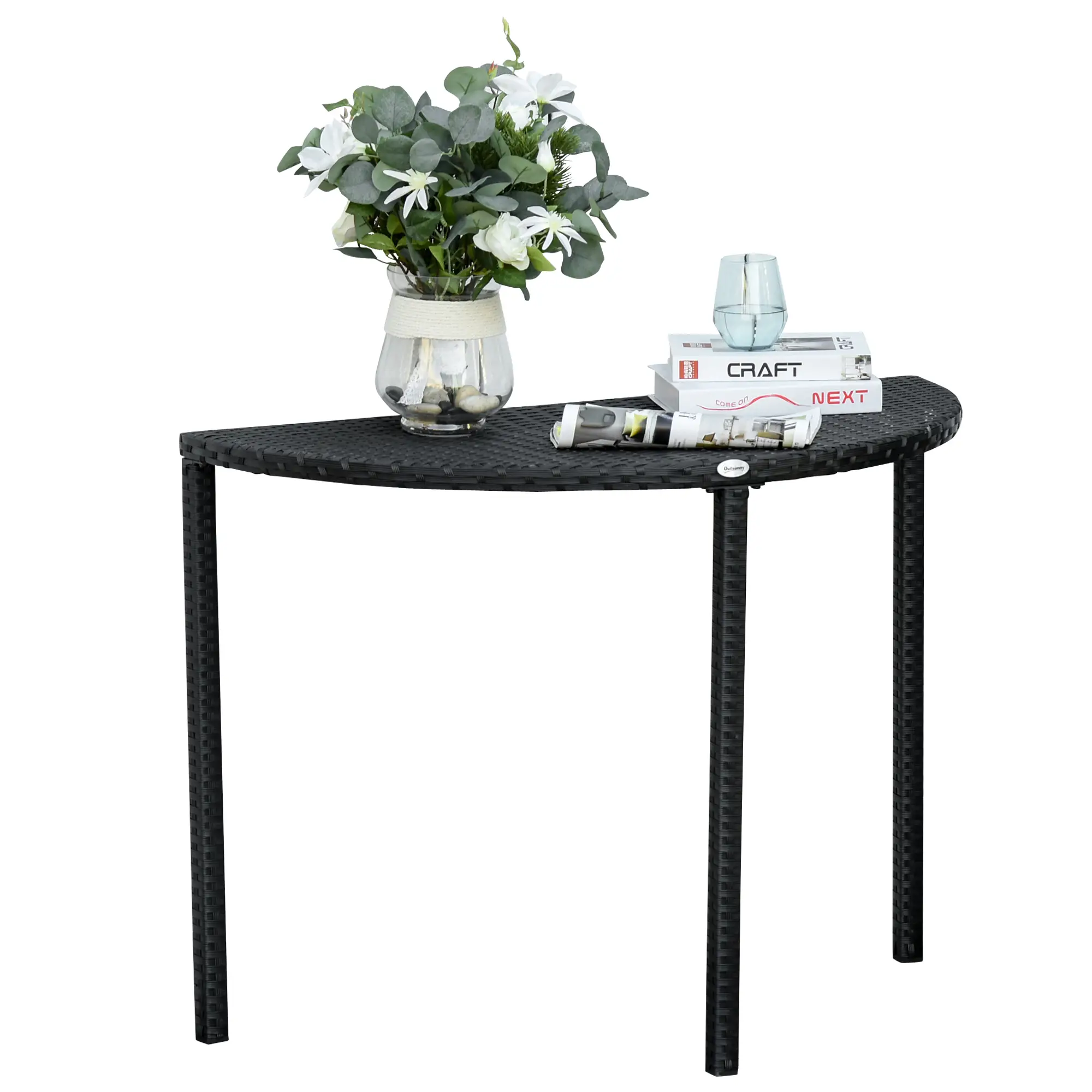 Half Round Side Table, PE Rattan Coffee Table, Black - Image 11
