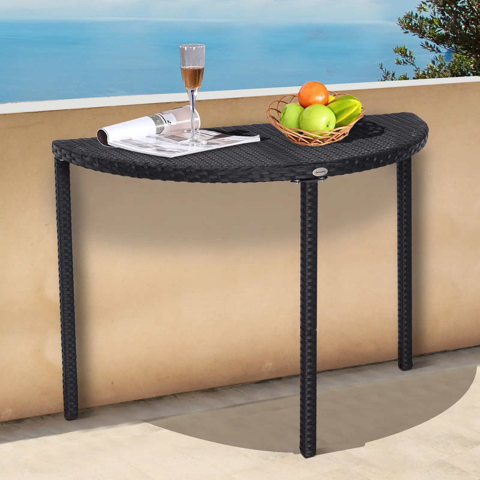 Half Round Side Table, PE Rattan Coffee Table, Black - Image 2