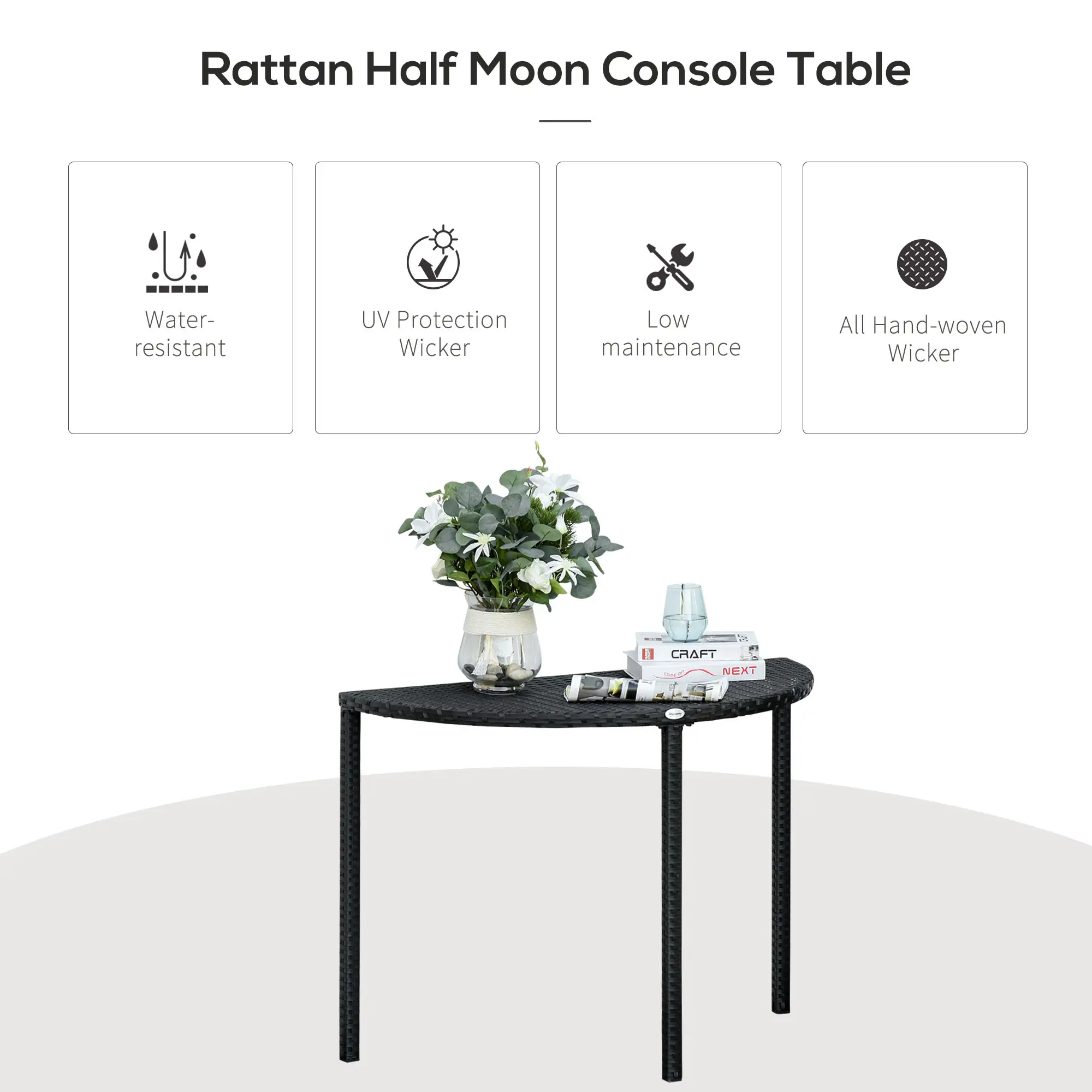 Half Round Side Table, PE Rattan Coffee Table, Black - Image 4