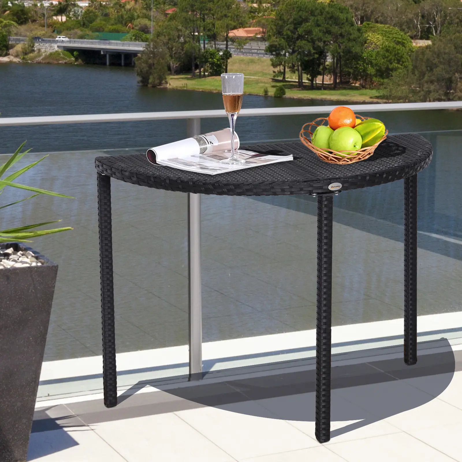 Half Round Side Table, PE Rattan Coffee Table, Black - Image 8