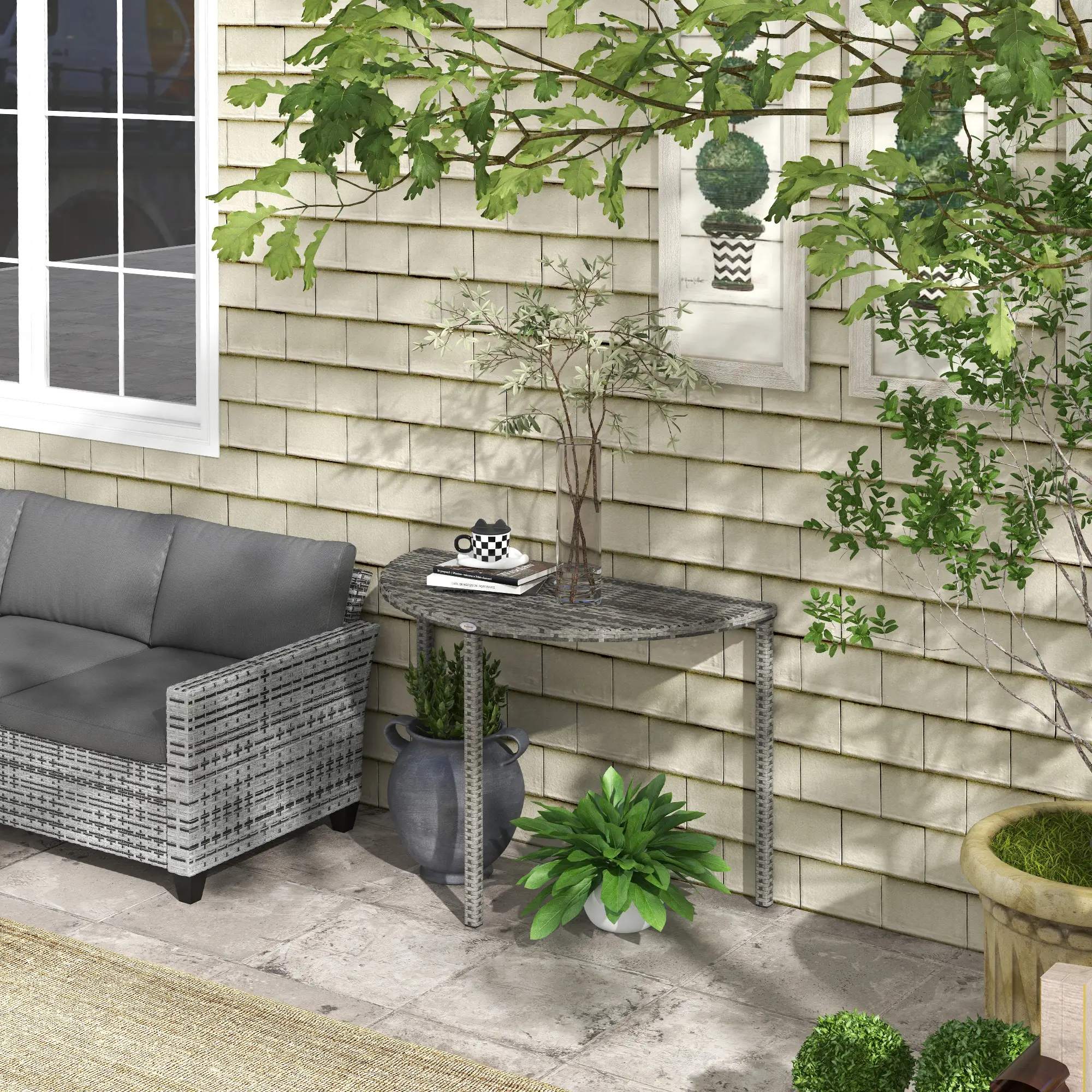 Half Round Side Table, PE Rattan Coffee Table, Metal Frame, Grey - Image 2