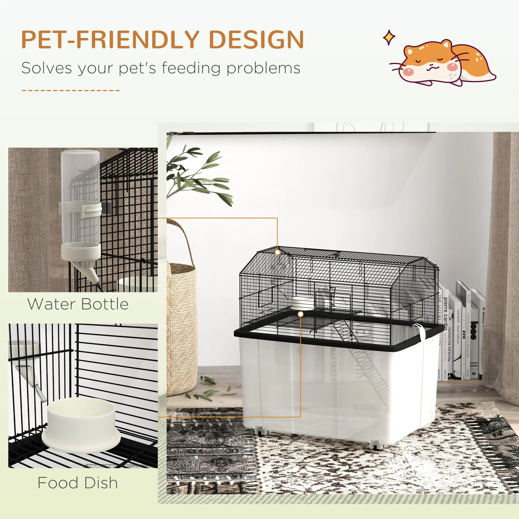 Hamster House, Gerbil Habitat, Wheels, Detachable Bottom, Black - Image 6