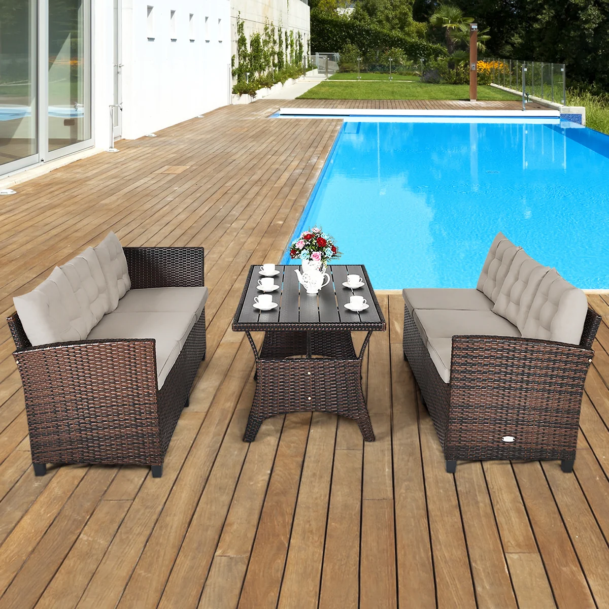 Hand-Woven Rattan Outdoor Sofa Set, 3 Pieces, Brown - Image 3