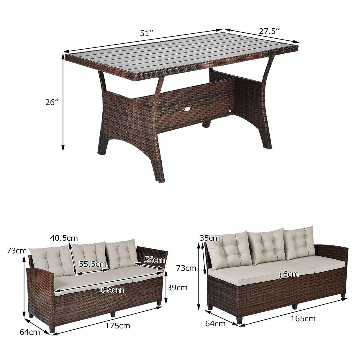 Hand-Woven Rattan Outdoor Sofa Set, 3 Pieces, Brown - Image 5