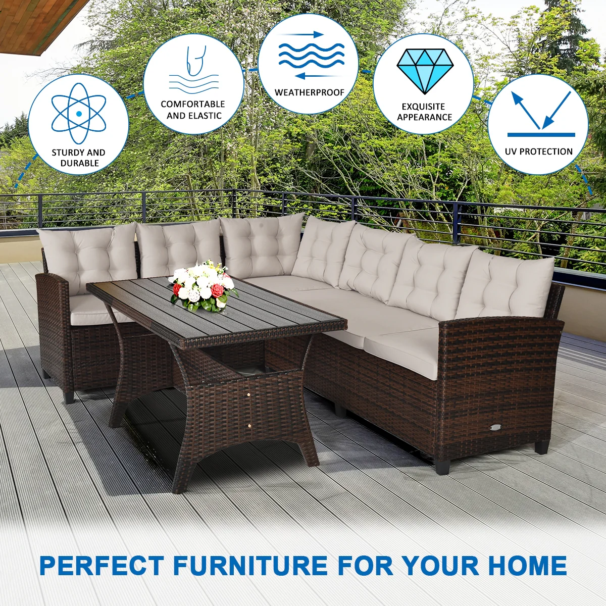 Hand-Woven Rattan Outdoor Sofa Set, 3 Pieces, Brown - Image 7