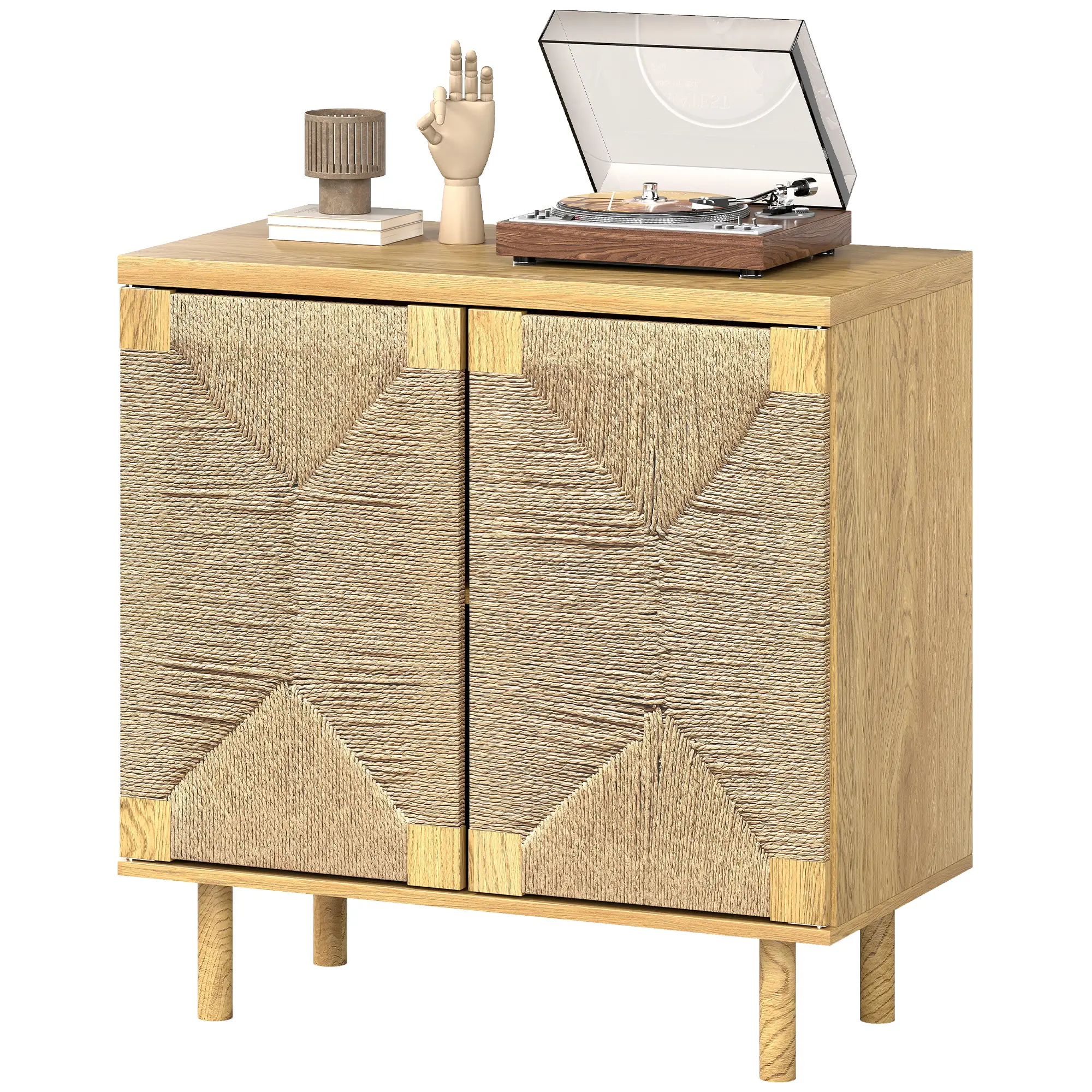 Handwoven Rope Accent Cabinet, Boho Sideboard, Push to Open Doors, Adjustable Shelf