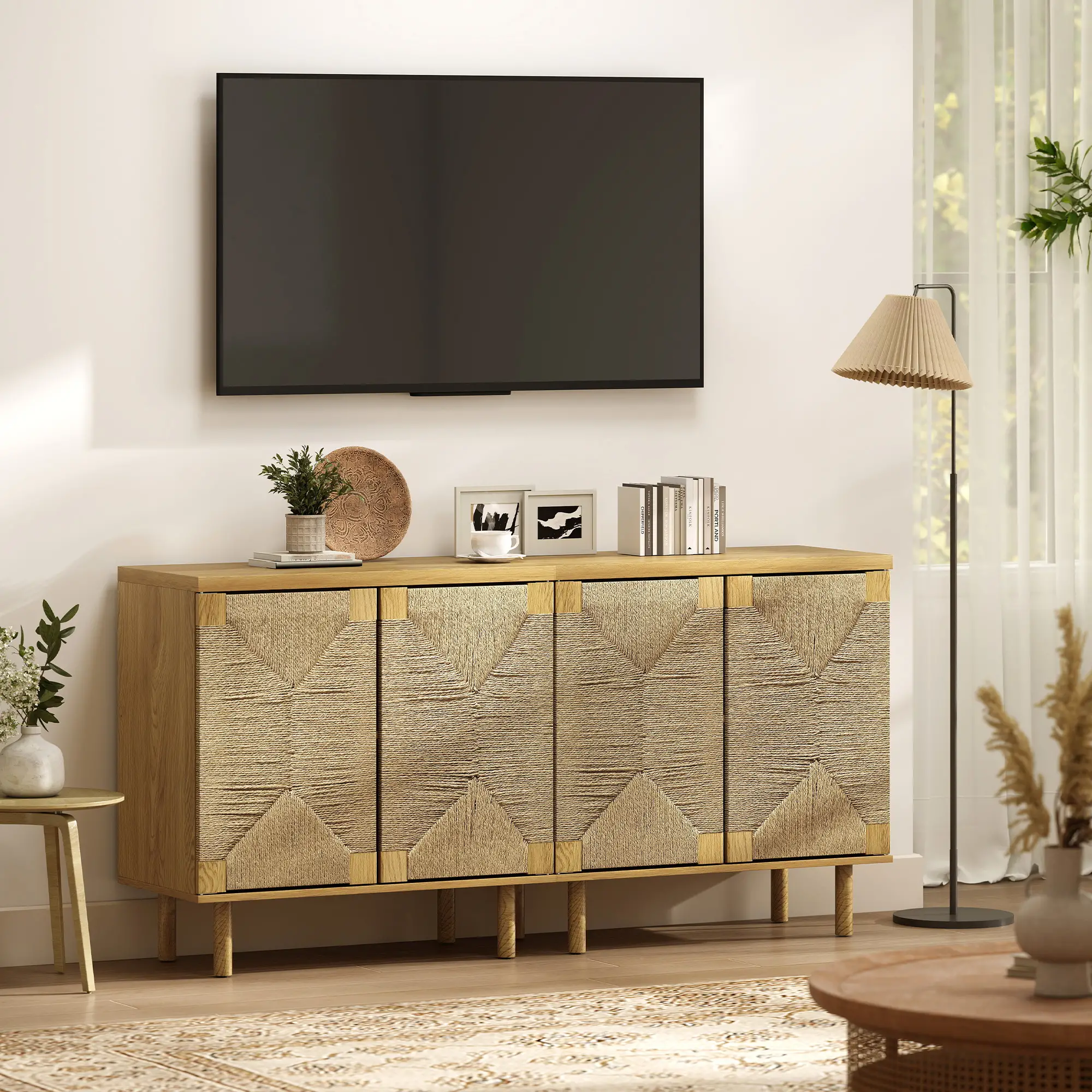 Handwoven Rope Accent Cabinet, Boho Sideboard, Push to Open Doors, Adjustable Shelf - Image 10