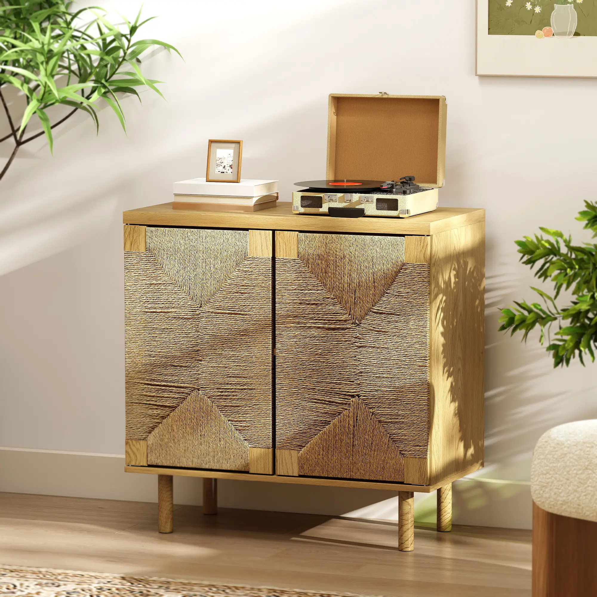 Handwoven Rope Accent Cabinet, Boho Sideboard, Push to Open Doors, Adjustable Shelf - Image 11