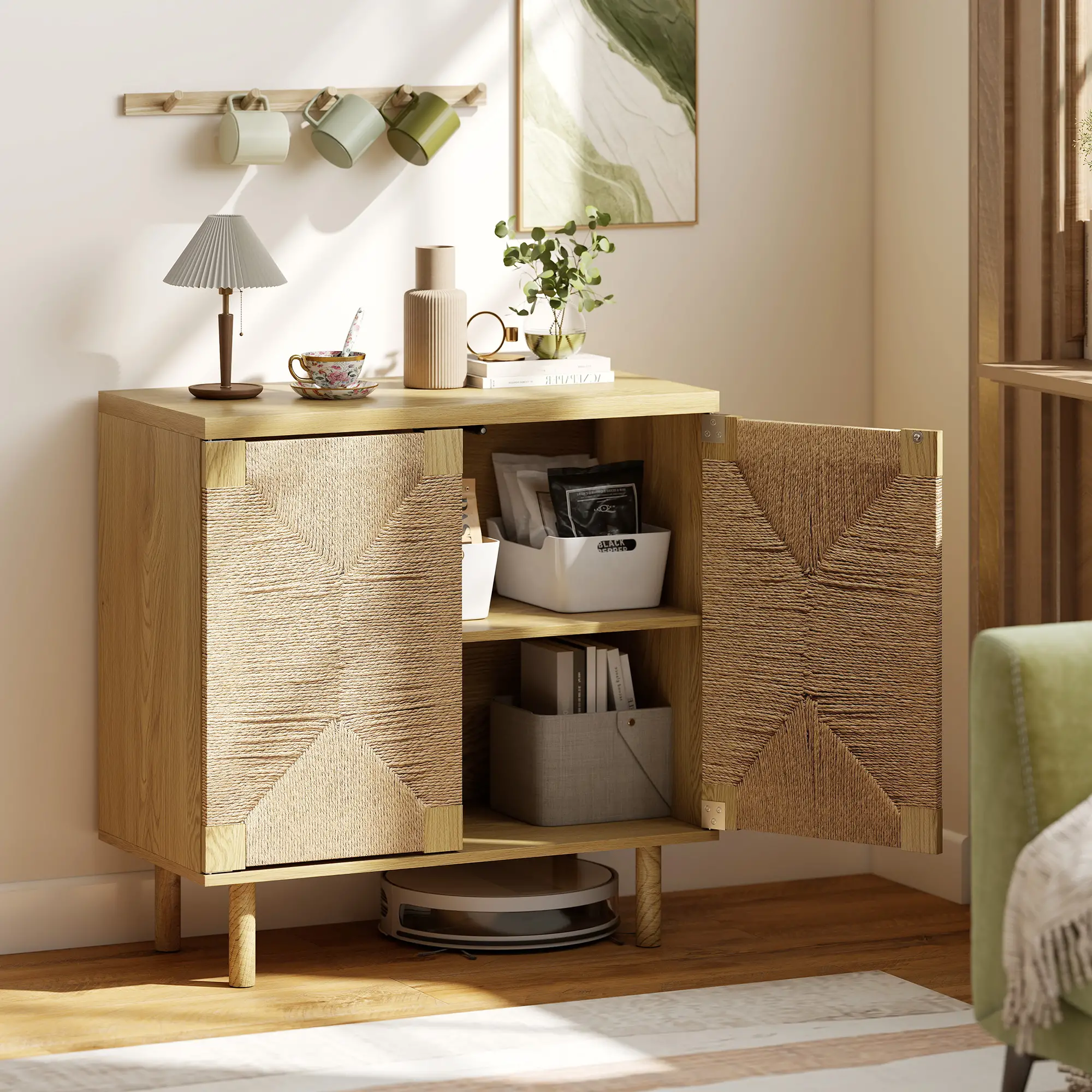 Handwoven Rope Accent Cabinet, Boho Sideboard, Push to Open Doors, Adjustable Shelf - Image 2