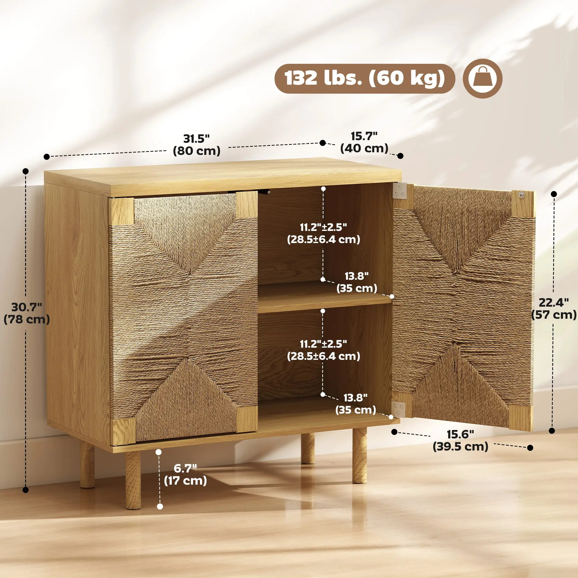 Handwoven Rope Accent Cabinet, Boho Sideboard, Push to Open Doors, Adjustable Shelf - Image 3