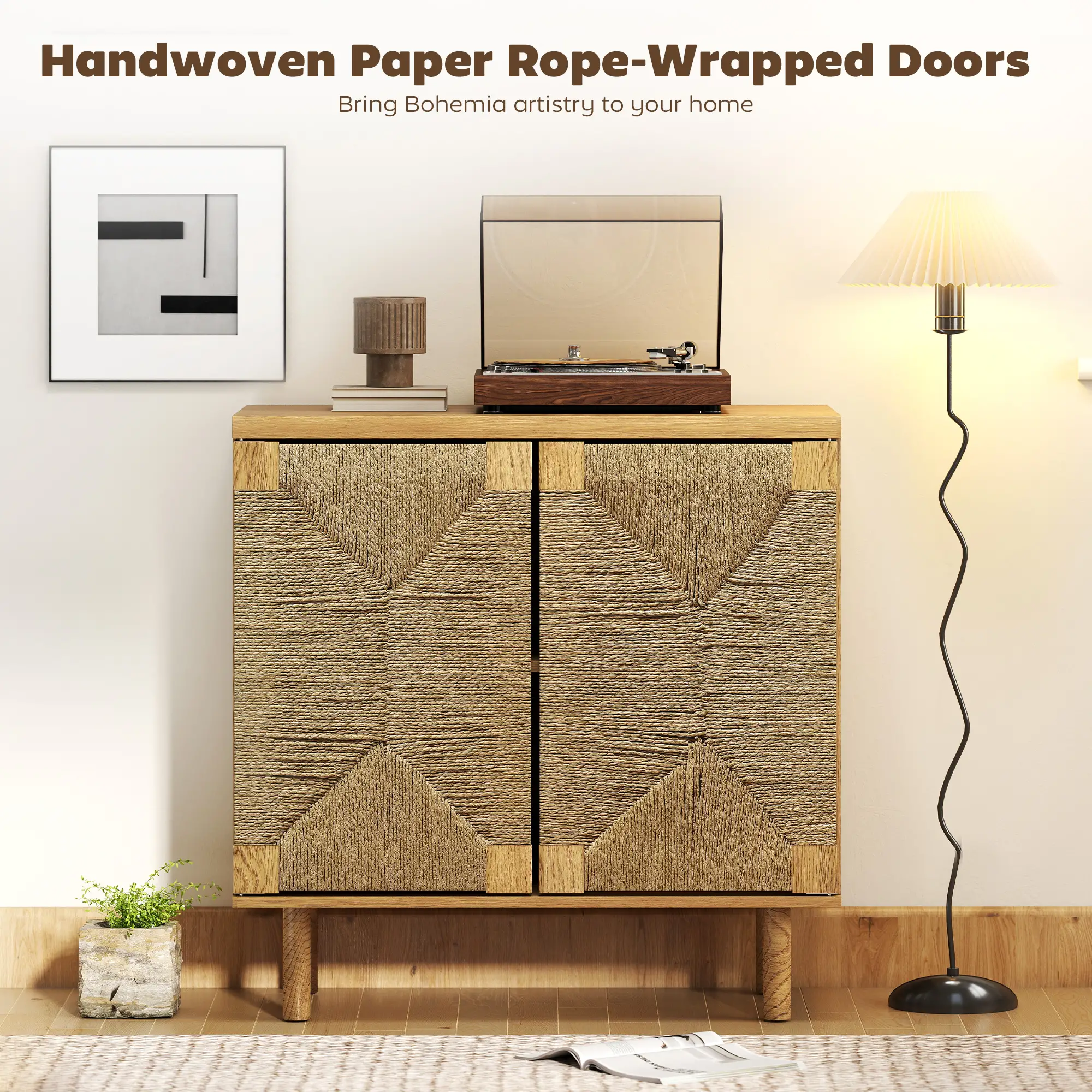 Handwoven Rope Accent Cabinet, Boho Sideboard, Push to Open Doors, Adjustable Shelf - Image 5